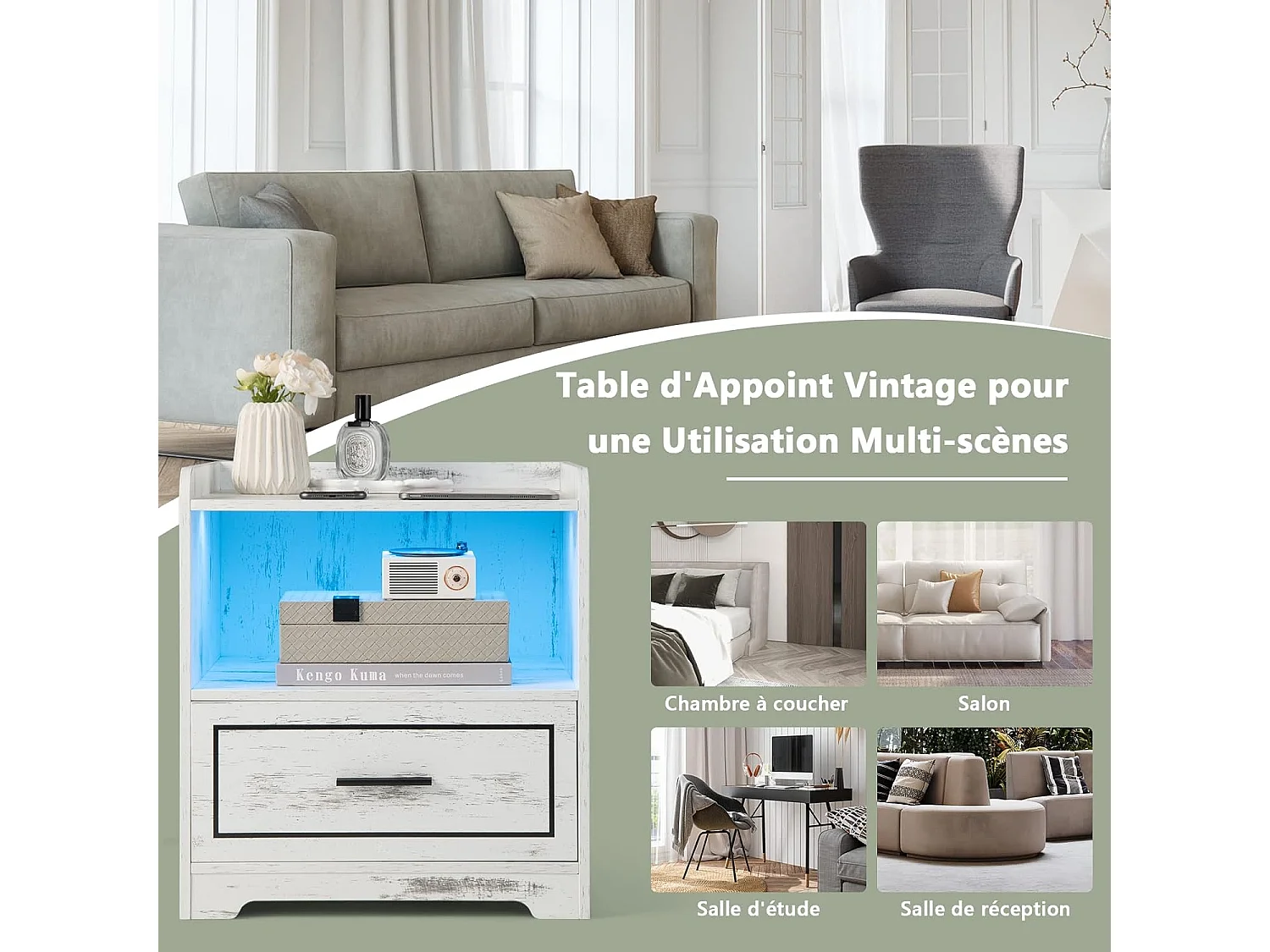 Table de Chevet LED avec port USB et TYPE-C, étagère ouverte et tiroir, 3 Couleurs de Lumière, Capteur Intelligent, 45 x 40 x 50 cm