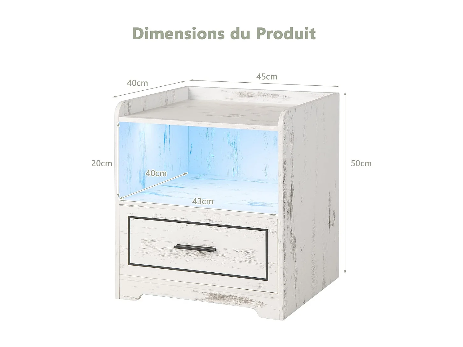 Table de Chevet LED avec port USB et TYPE-C, étagère ouverte et tiroir, 3 Couleurs de Lumière, Capteur Intelligent, 45 x 40 x 50 cm