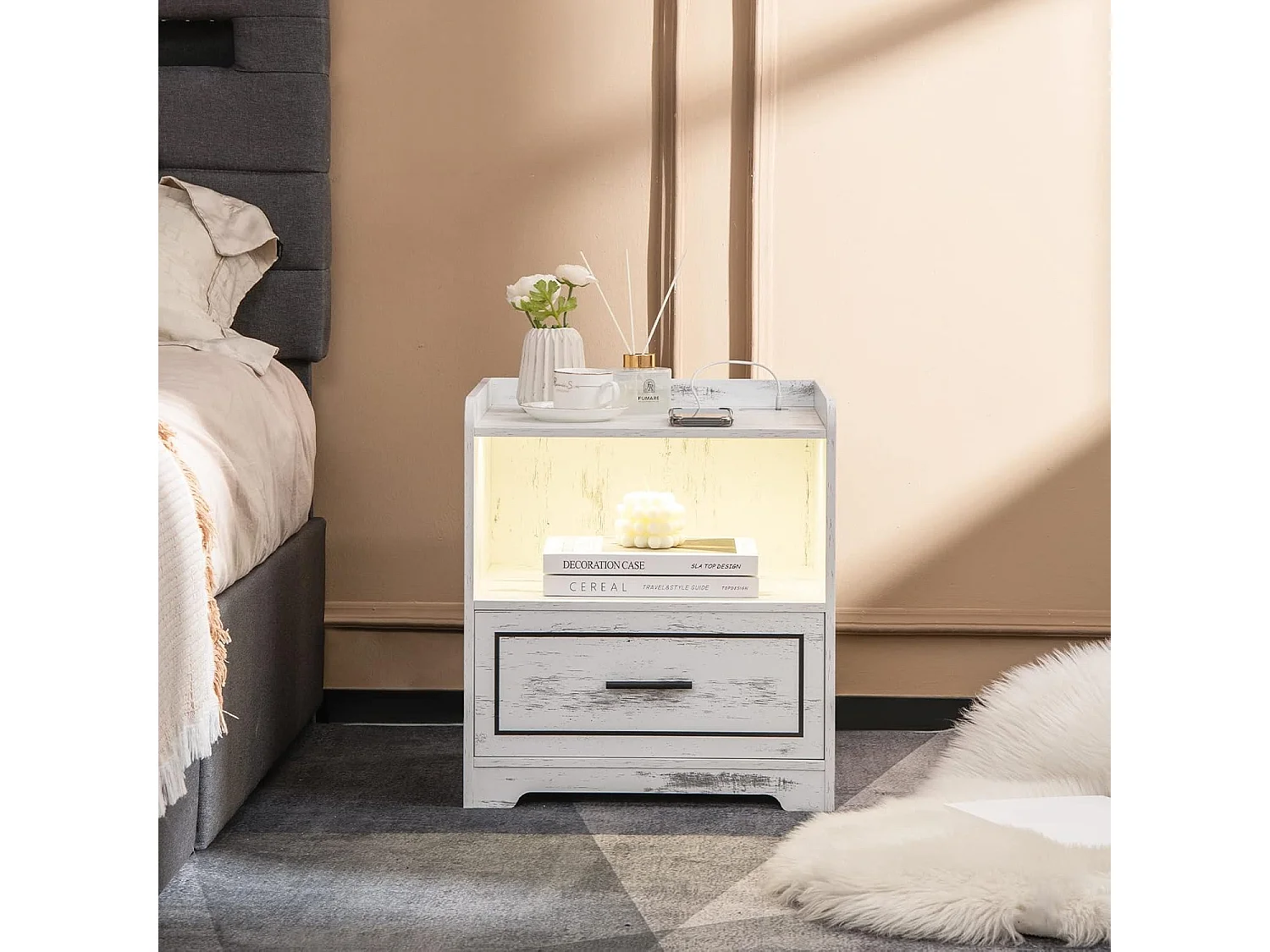 Table de Chevet LED avec port USB et TYPE-C, étagère ouverte et tiroir, 3 Couleurs de Lumière, Capteur Intelligent, 45 x 40 x 50 cm