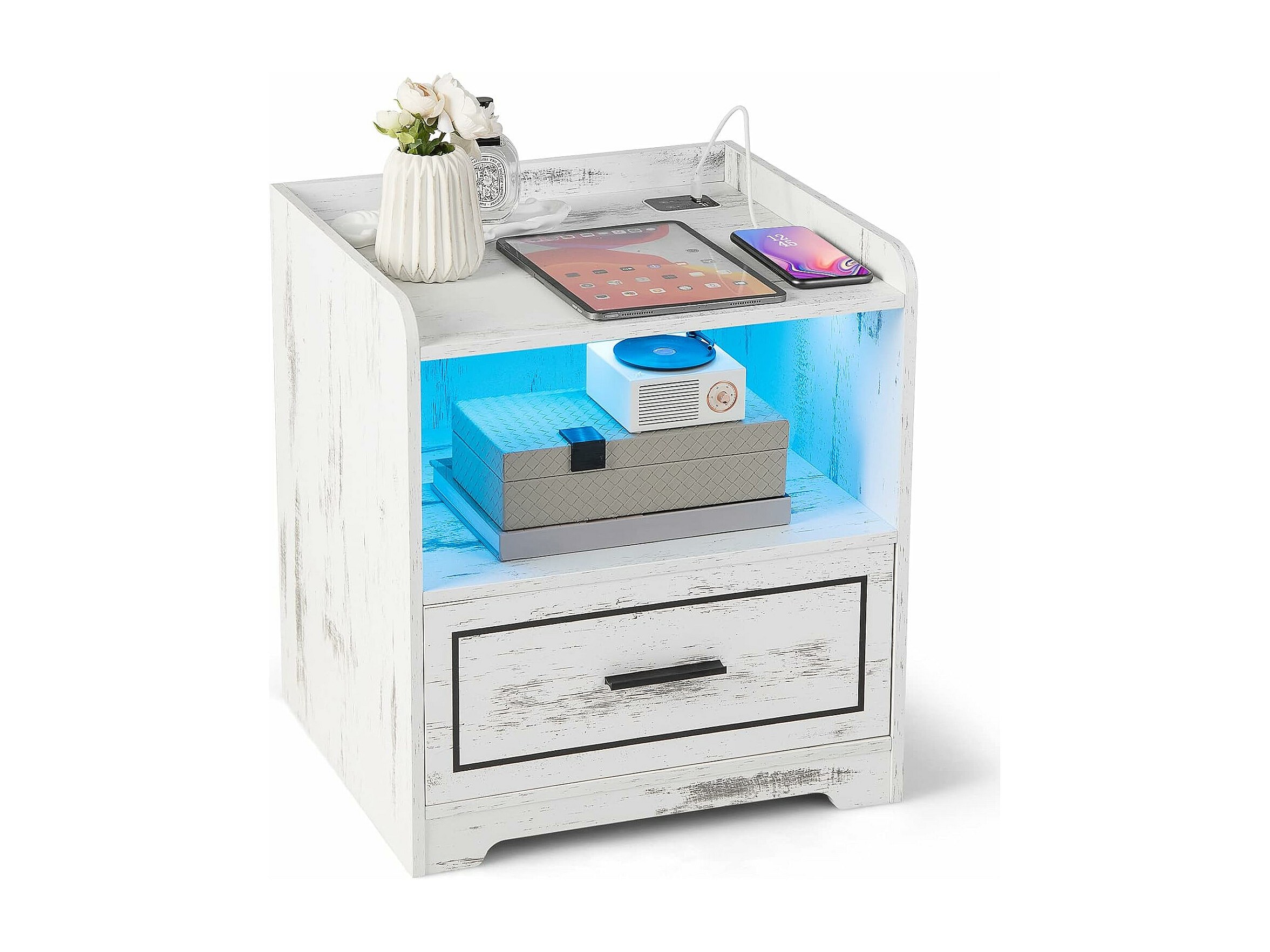 2 Tables De Chevet Avec LED Multicolore - Velours Beige, Tiroir, étagère, Pieds Dorés, 40x31x50 Cm