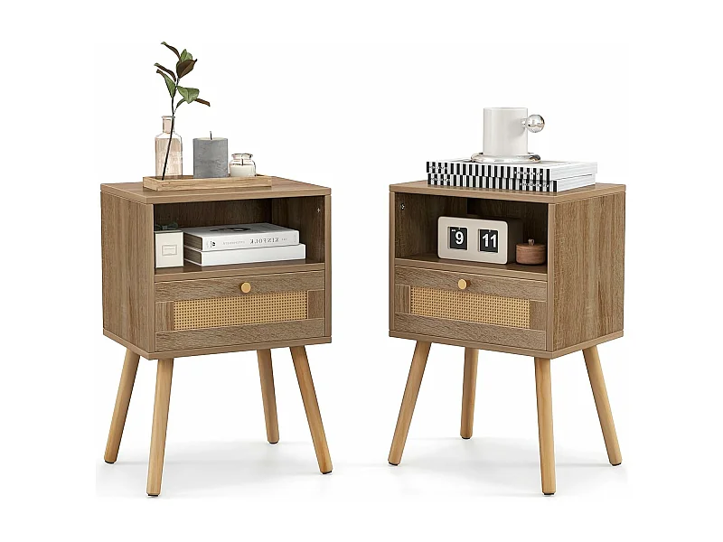 Lot de 2 Table de Chevet Bois avec Tiroir, Tables de Nuit en Rotin, 4 Pieds en Pin, Design Cannage, Compartiment Ouvert, Style Bohème, Table d'Appoint Scandinave pour Salon, Chambre