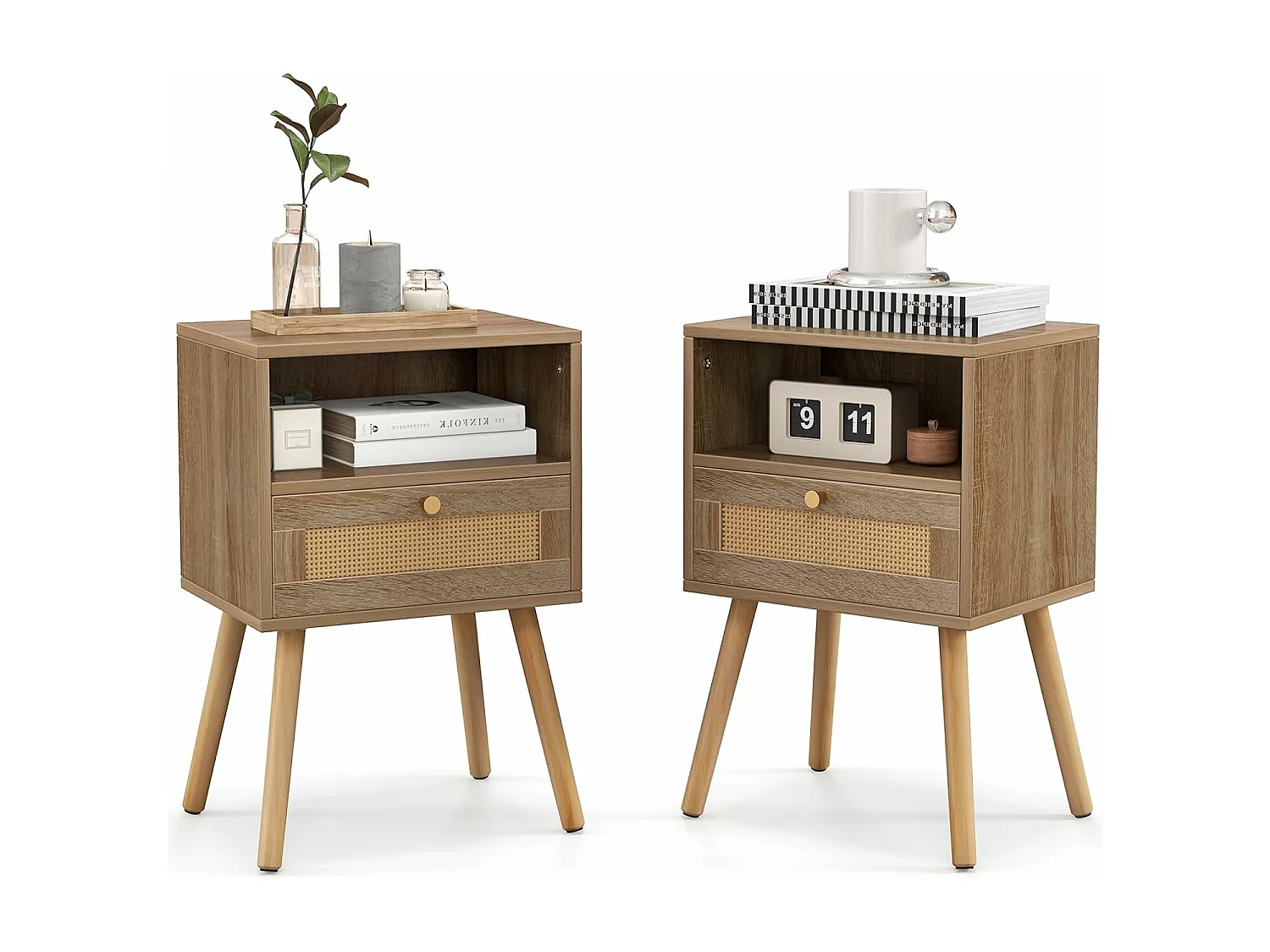 Lot de 2 Table de Chevet Bois avec Tiroir, Tables de Nuit en Rotin, 4 Pieds en Pin, Design Cannage, Compartiment Ouvert, Style Bohème, Table d'Appoint Scandinave pour Salon, Chambre