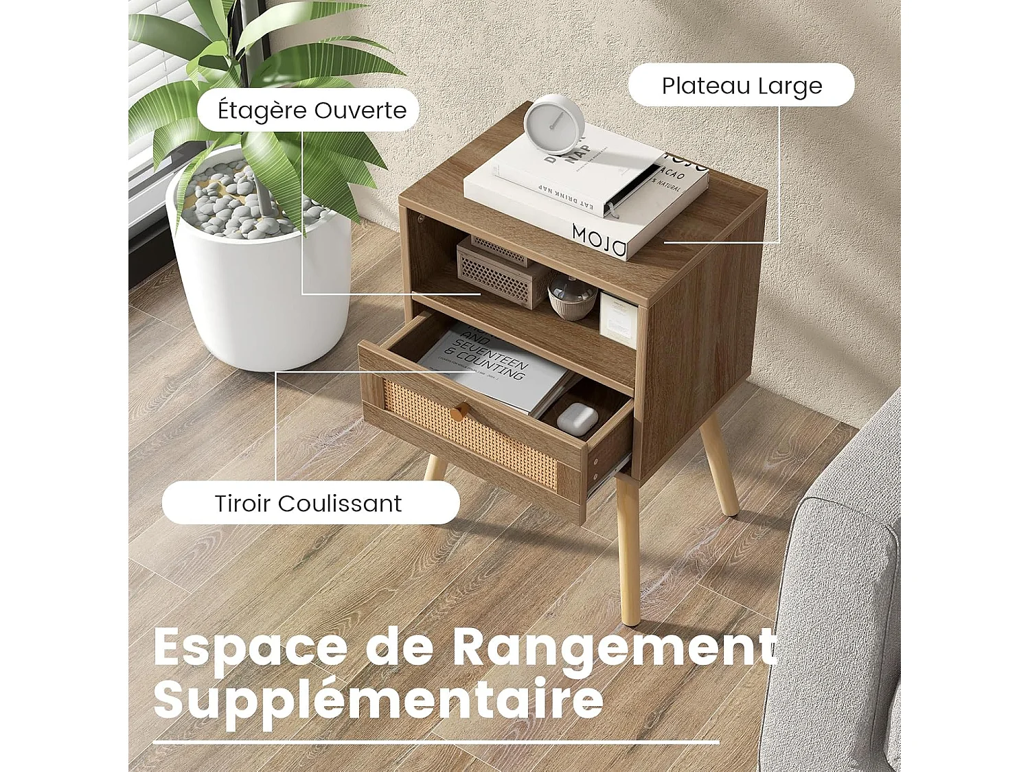 Lot de 2 Table de Chevet Bois avec Tiroir, Tables de Nuit en Rotin, 4 Pieds en Pin, Design Cannage, Compartiment Ouvert, Style Bohème, Table d'Appoint Scandinave pour Salon, Chambre