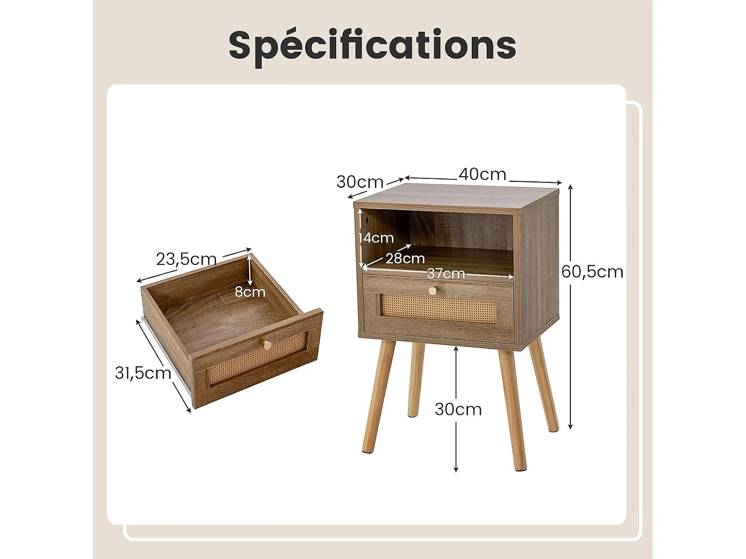 Lot de 2 Table de Chevet Bois avec Tiroir, Tables de Nuit en Rotin, 4 Pieds en Pin, Design Cannage, Compartiment Ouvert, Style Bohème, Table d'Appoint Scandinave pour Salon, Chambre