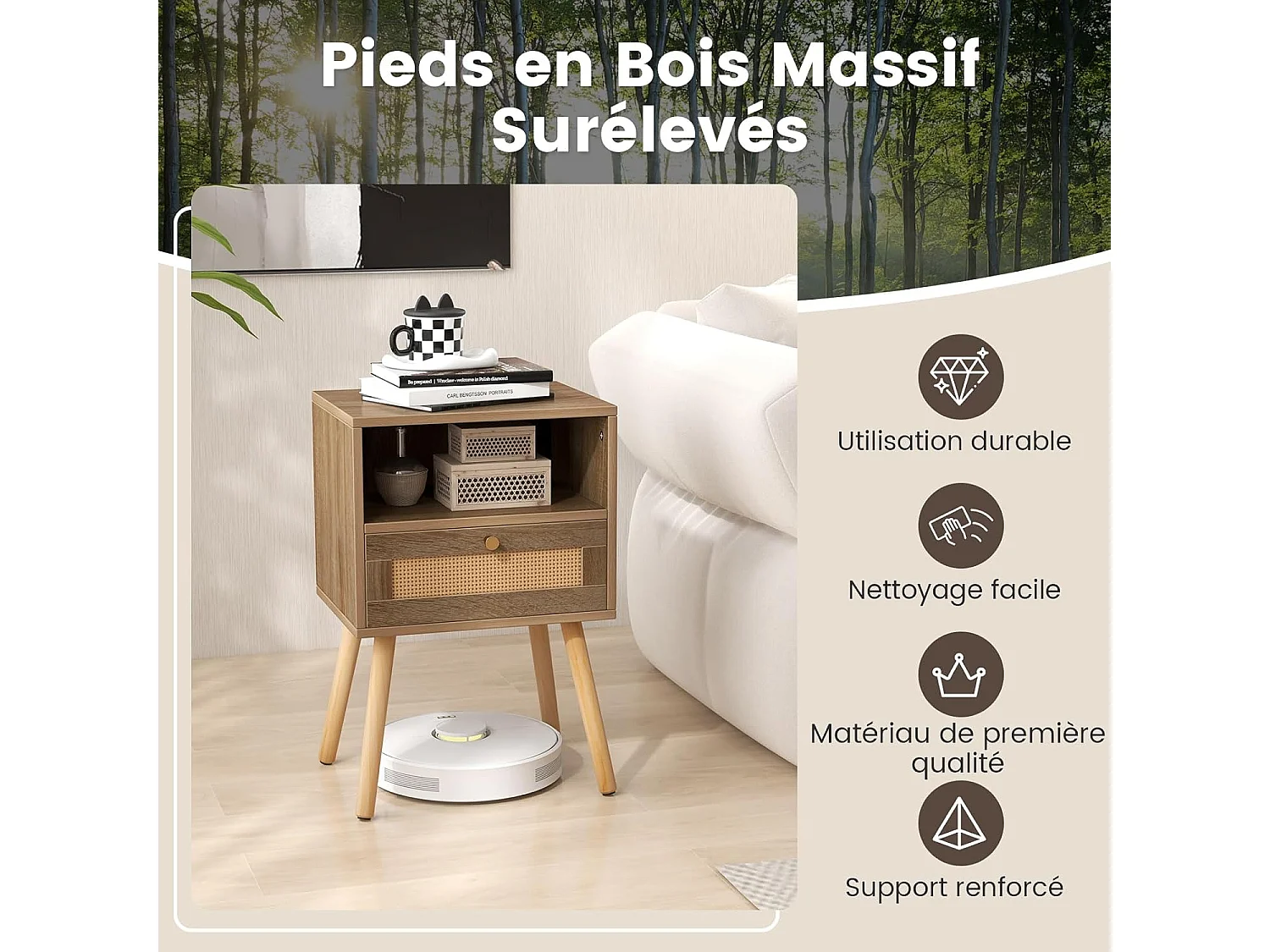 Lot de 2 Table de Chevet Bois avec Tiroir, Tables de Nuit en Rotin, 4 Pieds en Pin, Design Cannage, Compartiment Ouvert, Style Bohème, Table d'Appoint Scandinave pour Salon, Chambre