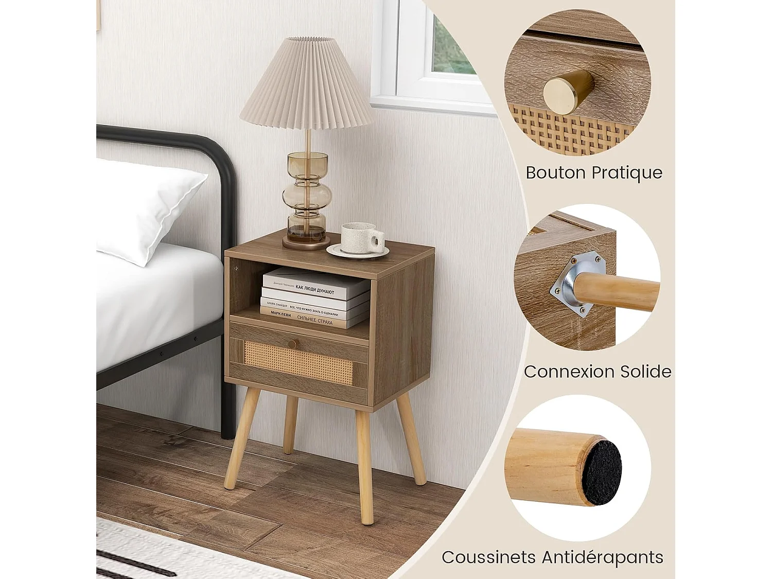 Lot de 2 Table de Chevet Bois avec Tiroir, Tables de Nuit en Rotin, 4 Pieds en Pin, Design Cannage, Compartiment Ouvert, Style Bohème, Table d'Appoint Scandinave pour Salon, Chambre