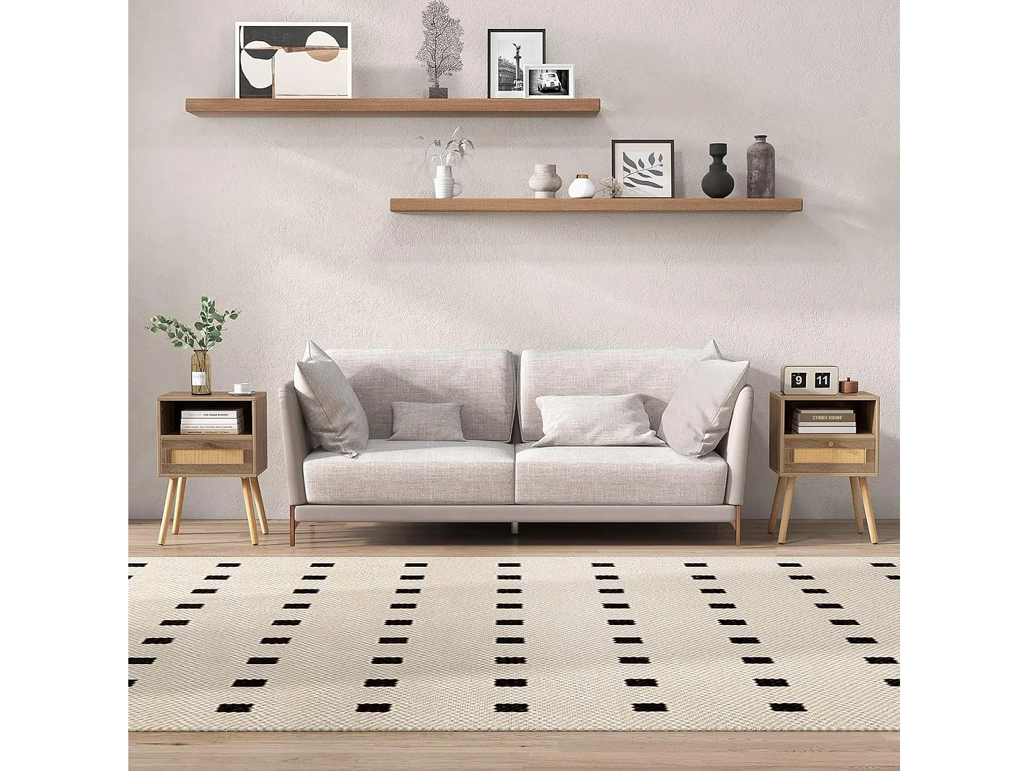 Lot de 2 Table de Chevet Bois avec Tiroir, Tables de Nuit en Rotin, 4 Pieds en Pin, Design Cannage, Compartiment Ouvert, Style Bohème, Table d'Appoint Scandinave pour Salon, Chambre