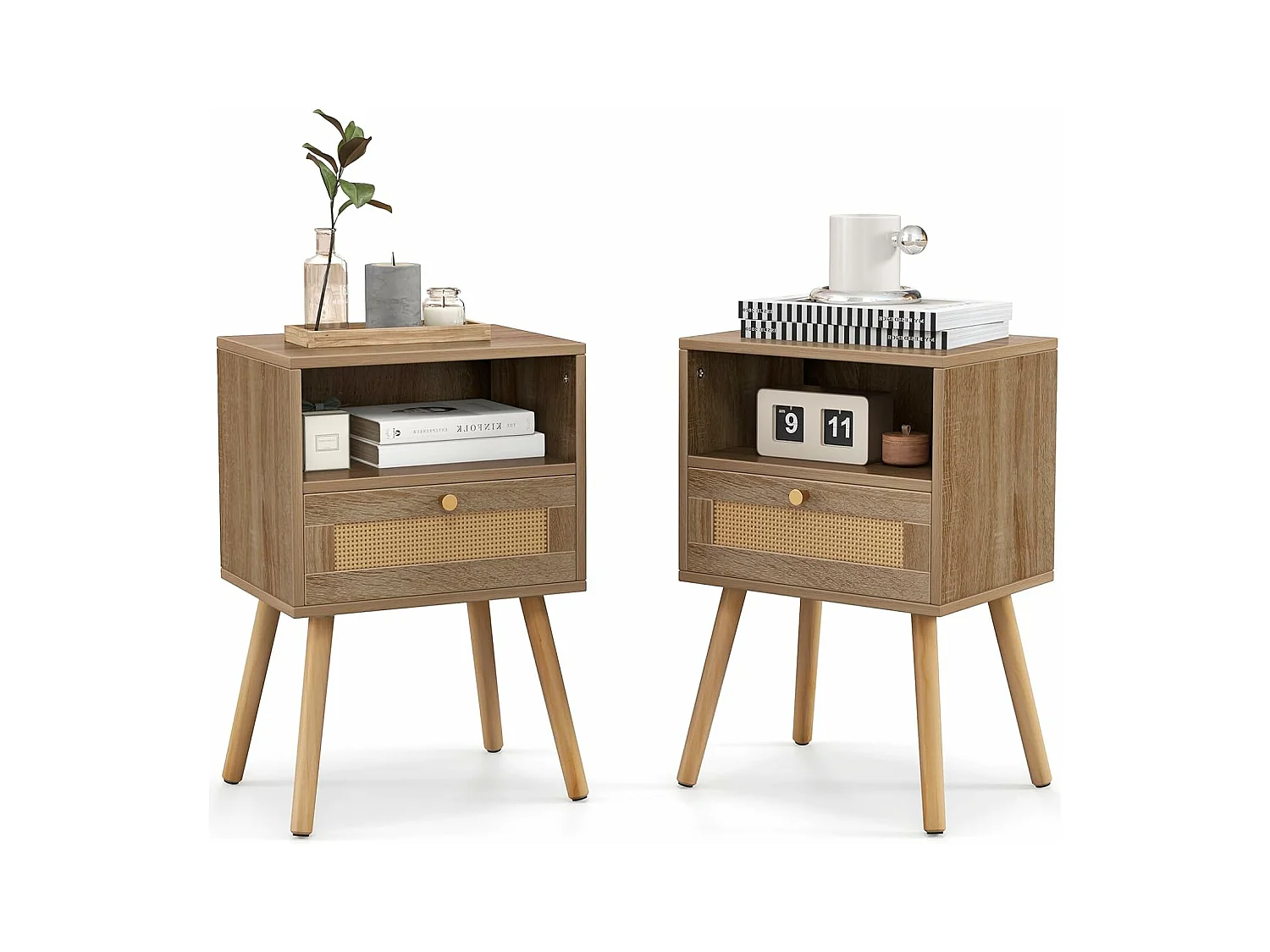 Set van 2 rotan nachtkastjes, houten nachtkastje met lade, 4 grenen poten, Cannage-ontwerp, open vak, Boheemse stijl, Scandinavische bijzettafel voor woonkamer, slaapkamer