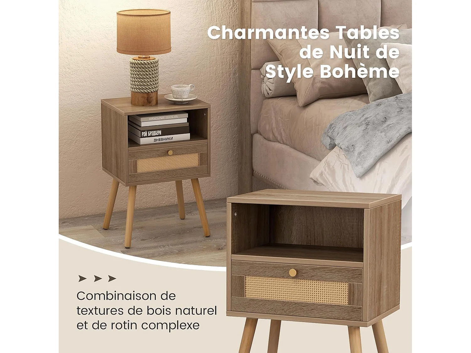 Lot de 2 Table de Chevet Bois avec Tiroir, Tables de Nuit en Rotin, 4 Pieds en Pin, Design Cannage, Compartiment Ouvert, Style Bohème, Table d'Appoint Scandinave pour Salon, Chambre