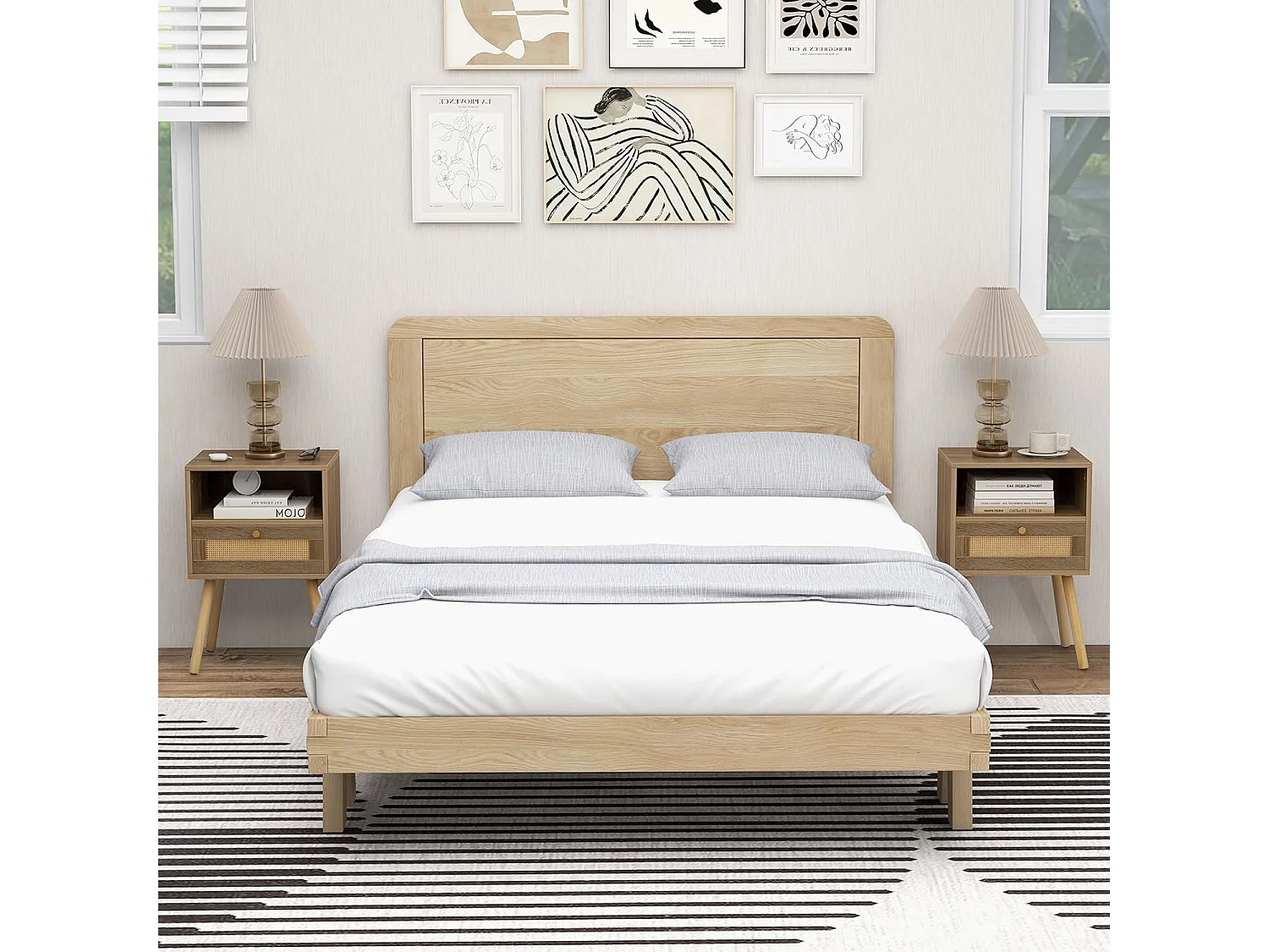 Lot de 2 Table de Chevet Bois avec Tiroir, Tables de Nuit en Rotin, 4 Pieds en Pin, Design Cannage, Compartiment Ouvert, Style Bohème, Table d'Appoint Scandinave pour Salon, Chambre