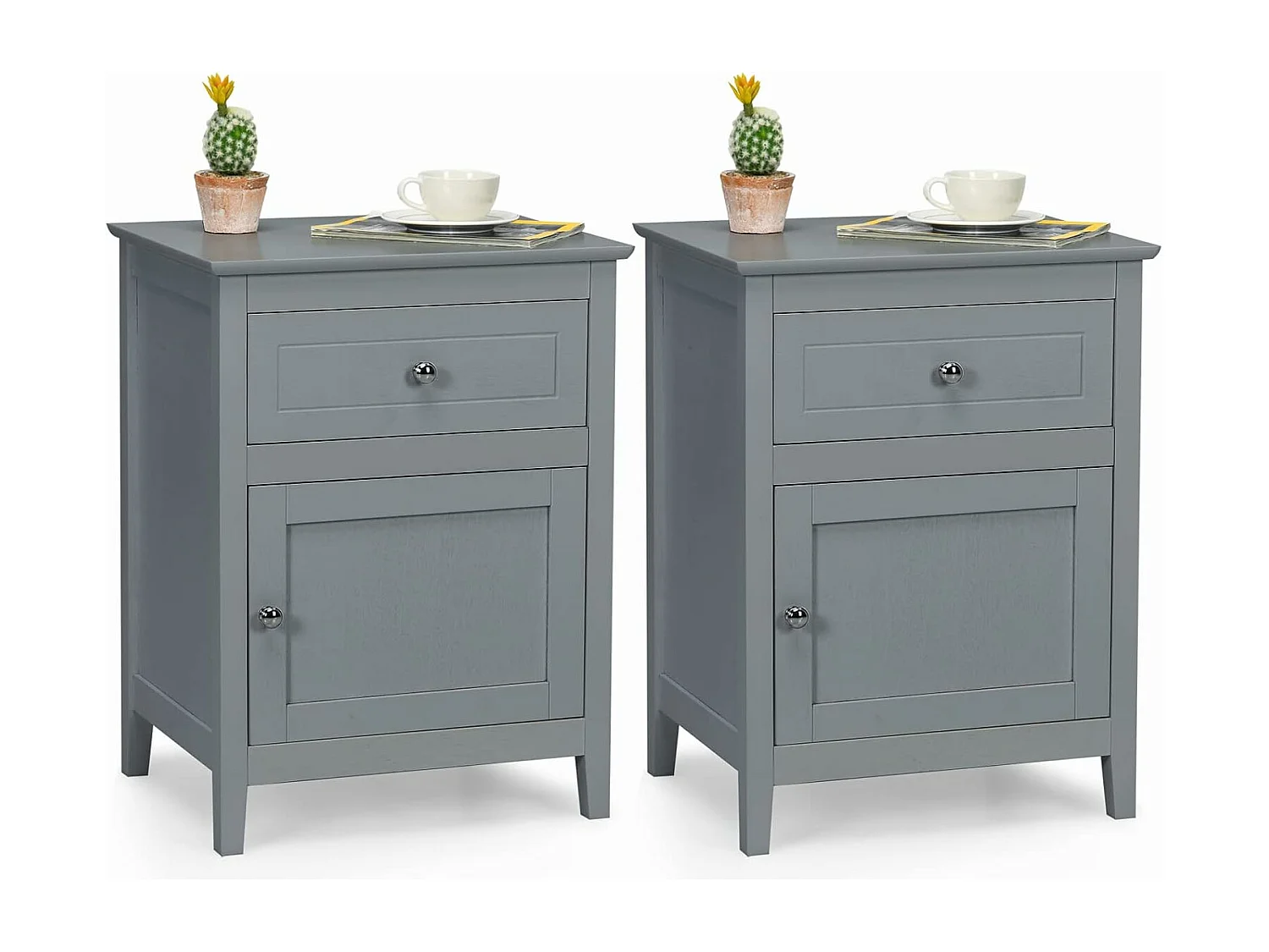 Lot de 2 Table de Chevet avec Tiroir, Table de Nuit avec Placard et Pieds en Bois Massif pour Chambre, Salon, Bureau, 48 x 38 x 63,5 cm Gris