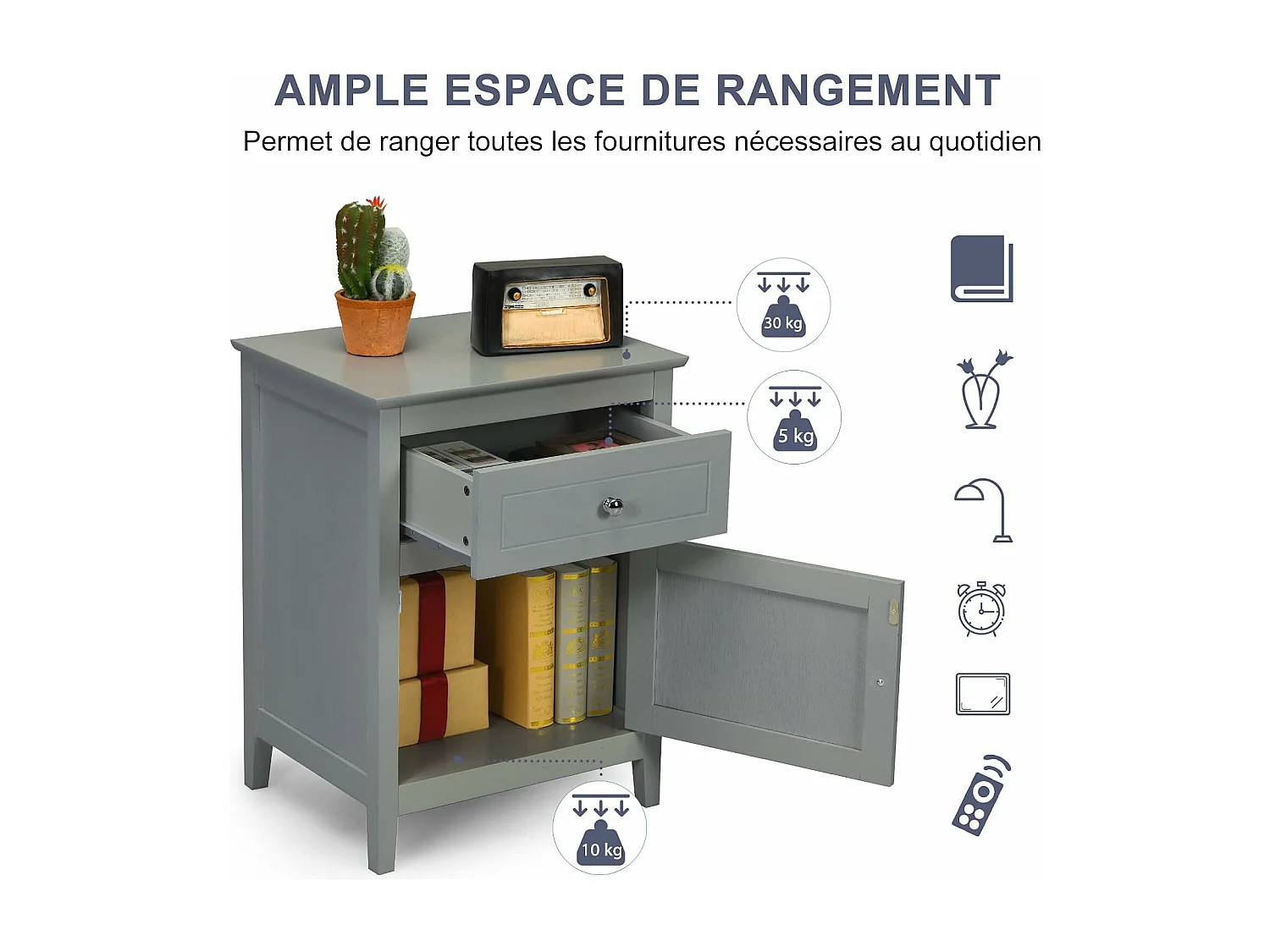 Lot de 2 Table de Chevet avec Tiroir, Table de Nuit avec Placard et Pieds en Bois Massif pour Chambre, Salon, Bureau, 48 x 38 x 63,5 cm Gris