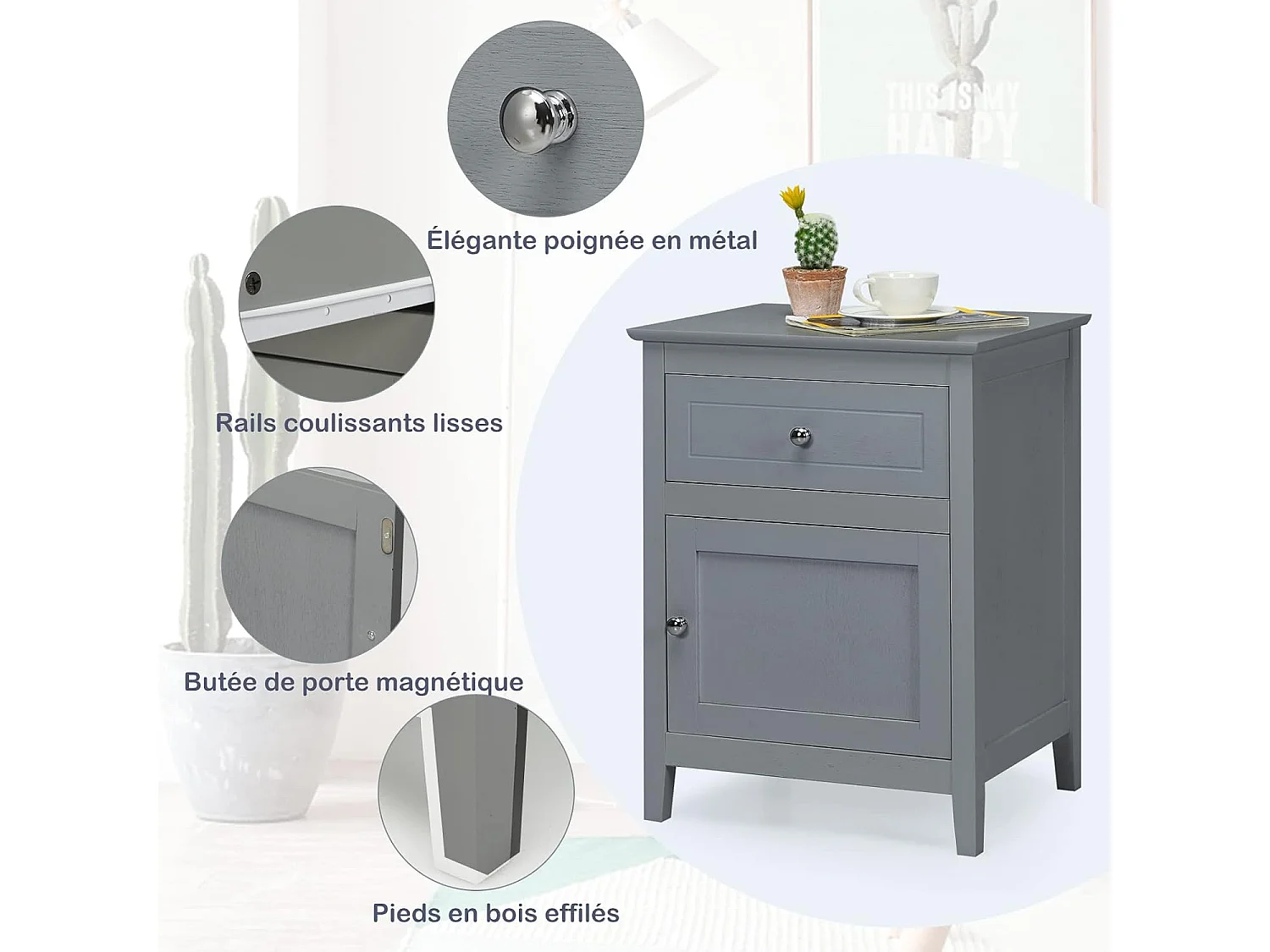 Lot de 2 Table de Chevet avec Tiroir, Table de Nuit avec Placard et Pieds en Bois Massif pour Chambre, Salon, Bureau, 48 x 38 x 63,5 cm Gris