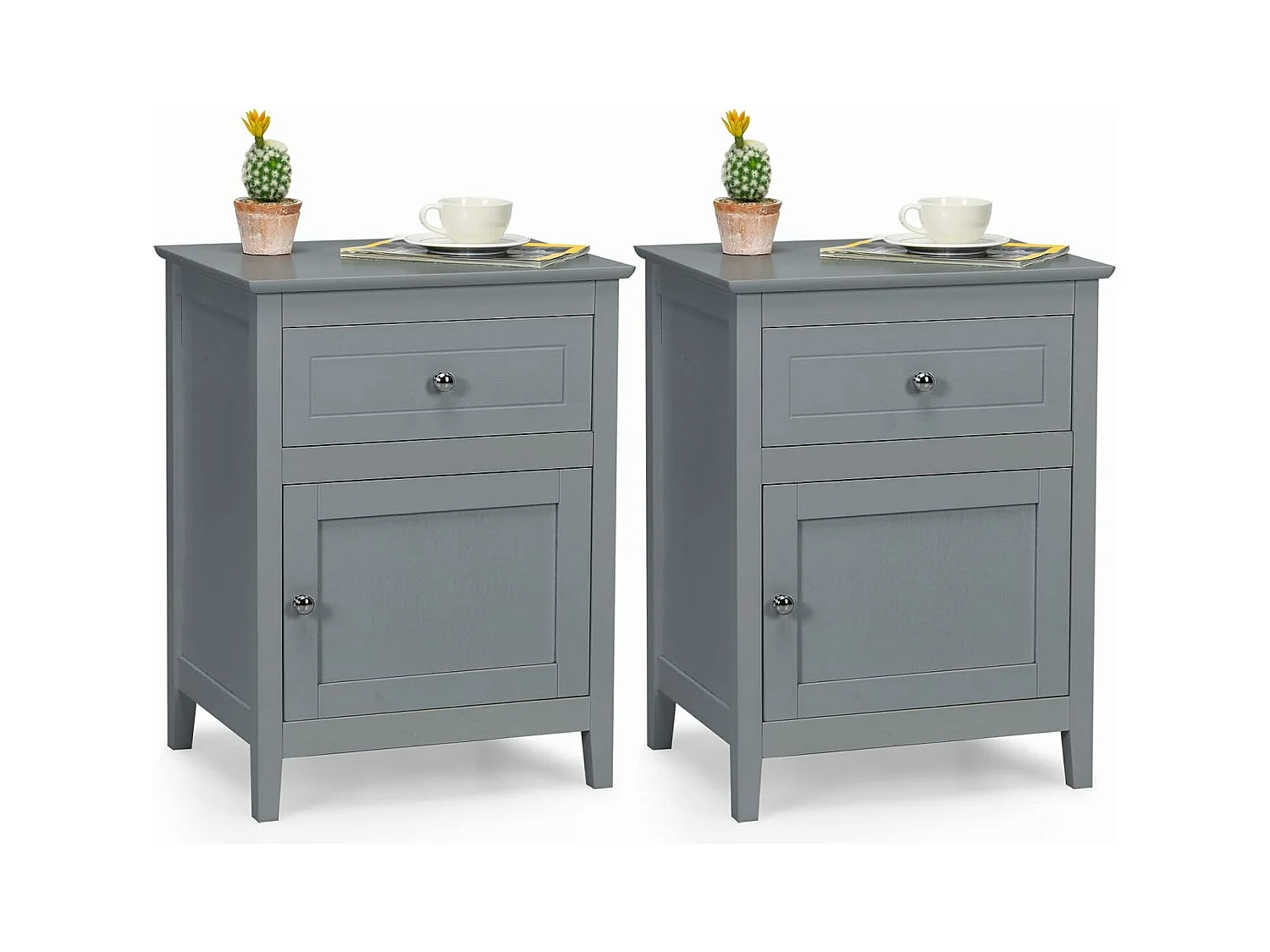 Lot de 2 Table de Chevet avec Tiroir, Table de Nuit avec Placard et Pieds en Bois Massif pour Chambre, Salon, Bureau, 48 x 38 x 63,5 cm Gris