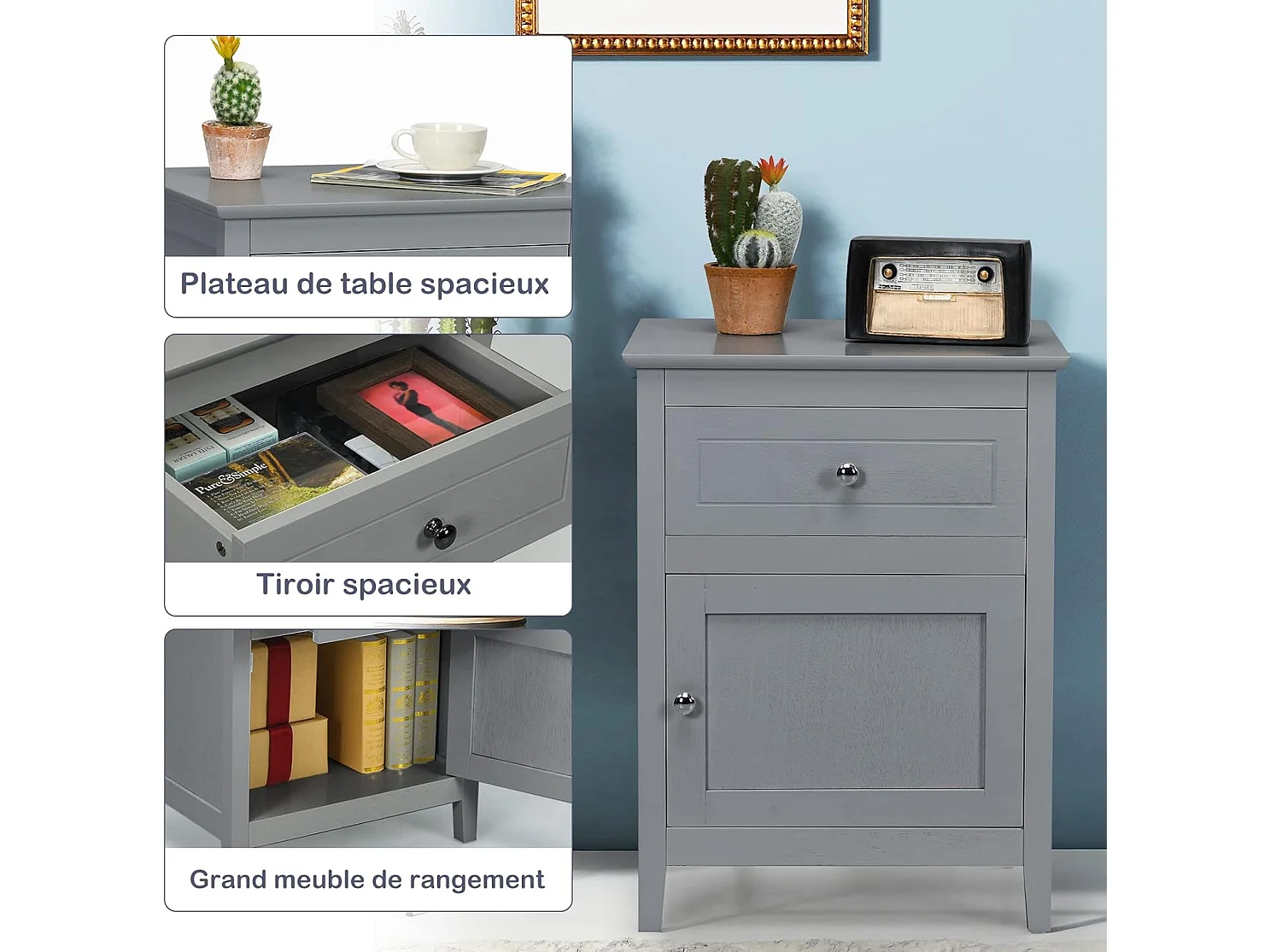 Lot de 2 Table de Chevet avec Tiroir, Table de Nuit avec Placard et Pieds en Bois Massif pour Chambre, Salon, Bureau, 48 x 38 x 63,5 cm Gris