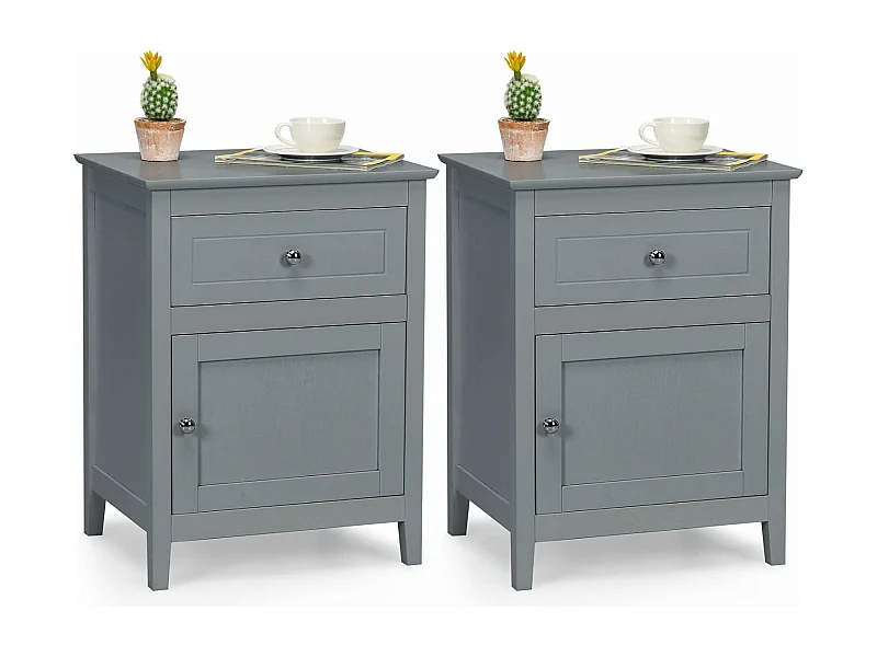 Lot de 2 Table de Chevet avec Tiroir, Table de Nuit avec Placard et Pieds en Bois Massif pour Chambre, Salon, Bureau, 48 x 38 x 63,5 cm Gris