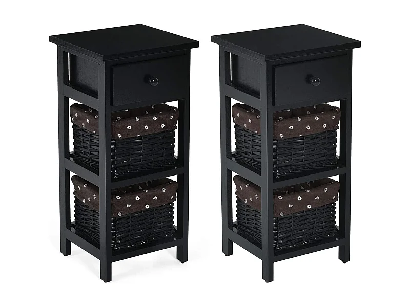 Set de 2 Table de Chevet Table de Nuit en Bois de Paulownia avec 1 Tiroir et 2 Panier d'Osier Amovible Style Chic Vintage Rustique Campagnard Noir