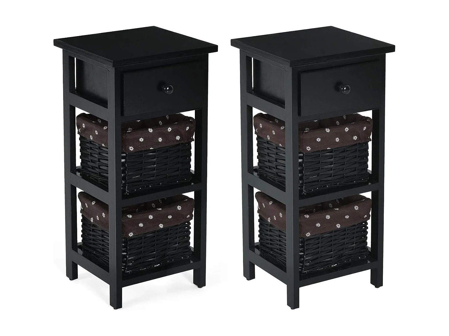 Set de 2 Table de Chevet Table de Nuit en Bois de Paulownia avec 1 Tiroir et 2 Panier d'Osier Amovible Style Chic Vintage Rustique Campagnard Noir