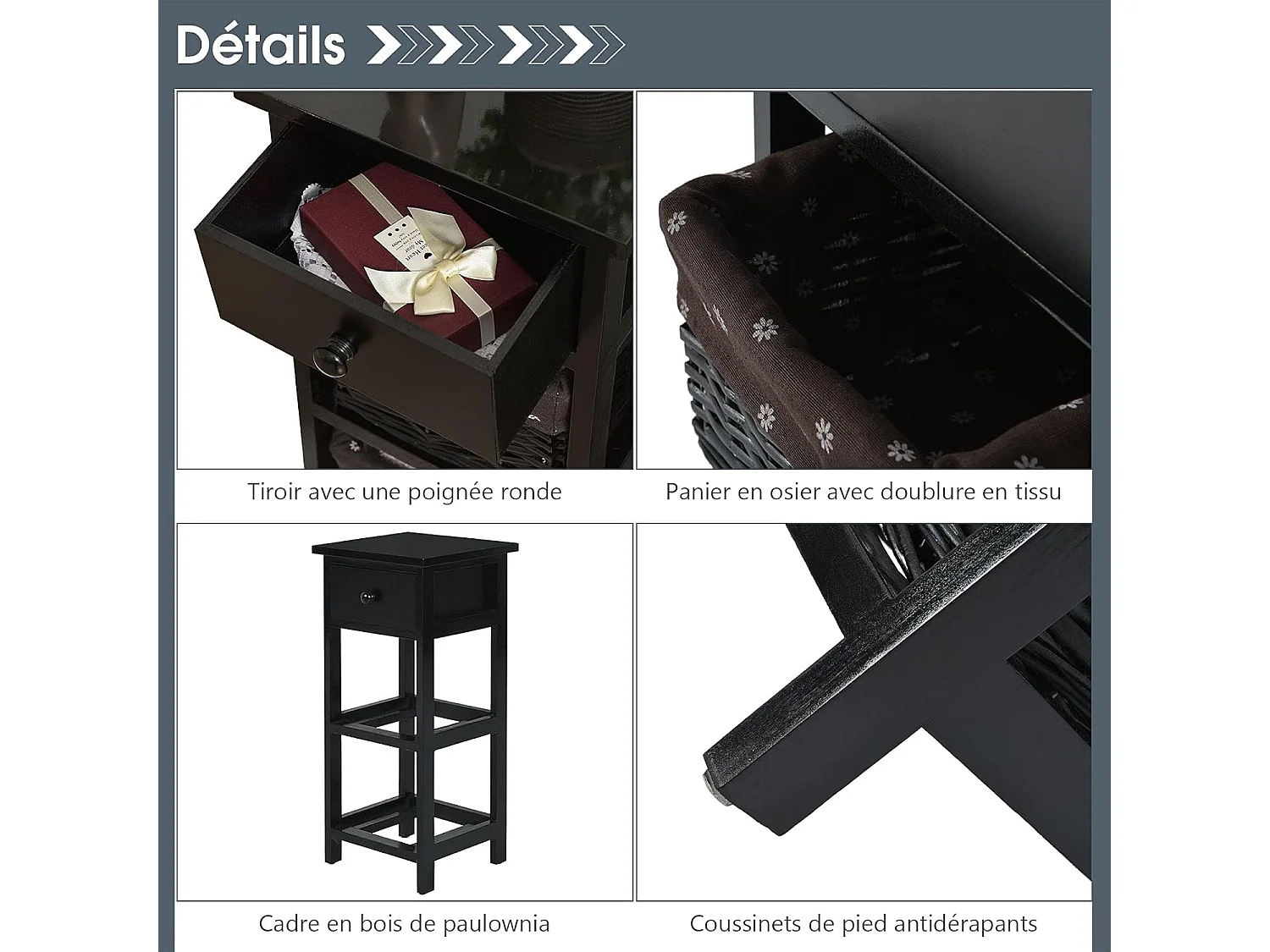 Set de 2 Table de Chevet Table de Nuit en Bois de Paulownia avec 1 Tiroir et 2 Panier d'Osier Amovible Style Chic Vintage Rustique Campagnard Noir