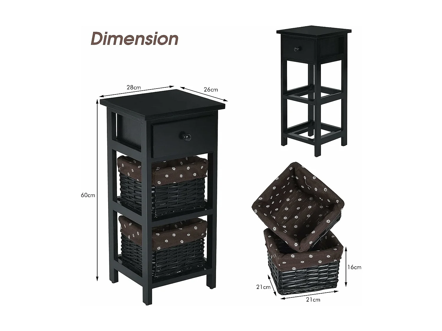 Set de 2 Table de Chevet Table de Nuit en Bois de Paulownia avec 1 Tiroir et 2 Panier d'Osier Amovible Style Chic Vintage Rustique Campagnard Noir