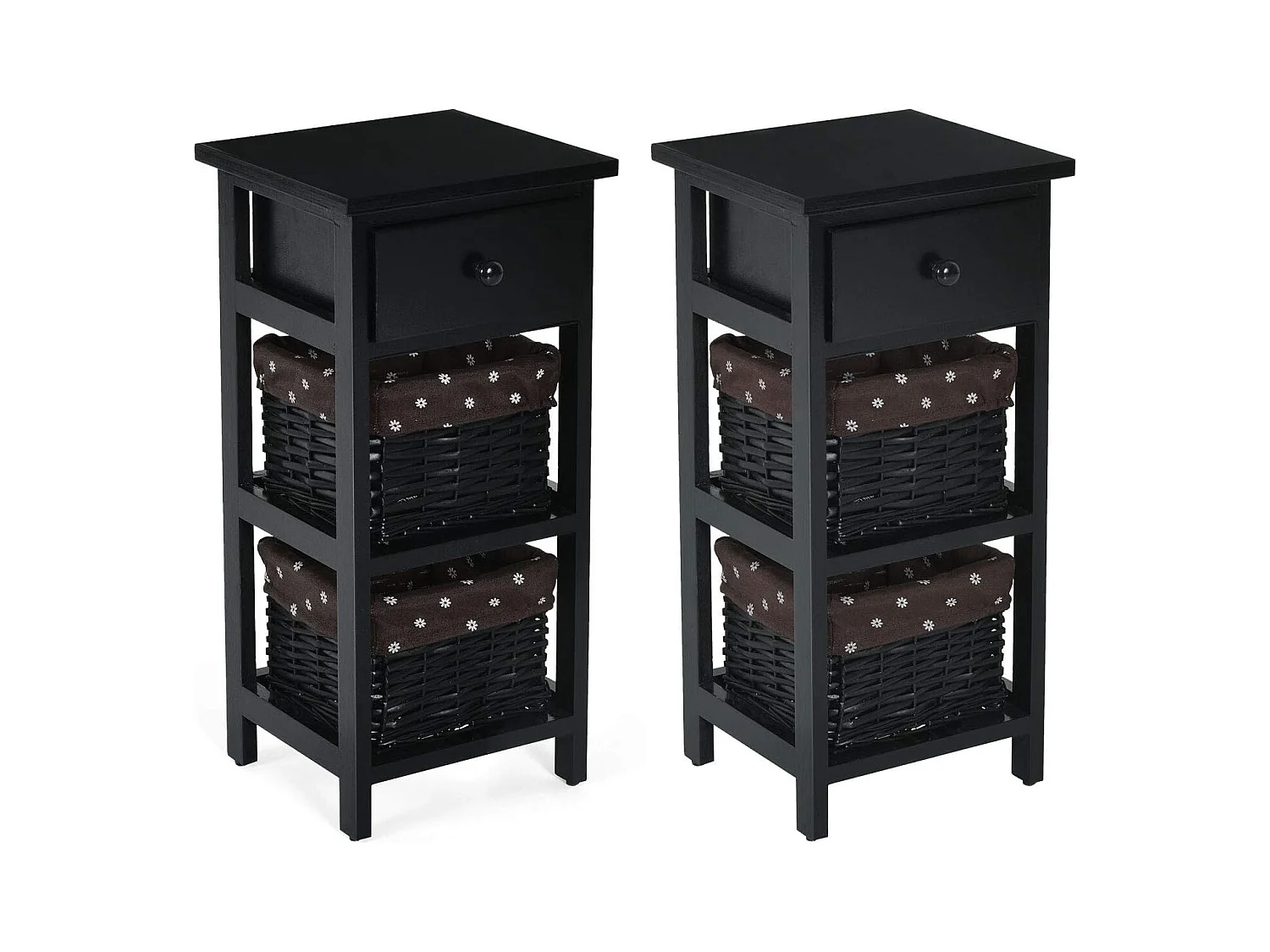 Set de 2 Table de Chevet Table de Nuit en Bois de Paulownia avec 1 Tiroir et 2 Panier d'Osier Amovible Style Chic Vintage Rustique Campagnard Noir