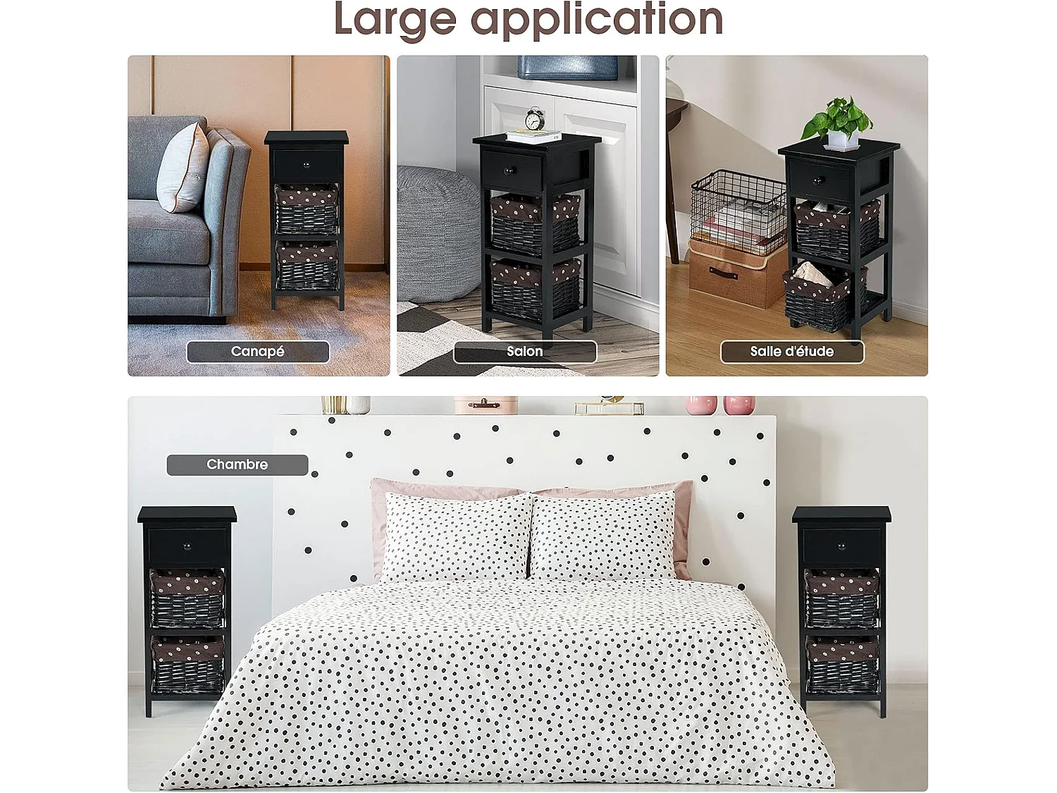 Set de 2 Table de Chevet Table de Nuit en Bois de Paulownia avec 1 Tiroir et 2 Panier d'Osier Amovible Style Chic Vintage Rustique Campagnard Noir