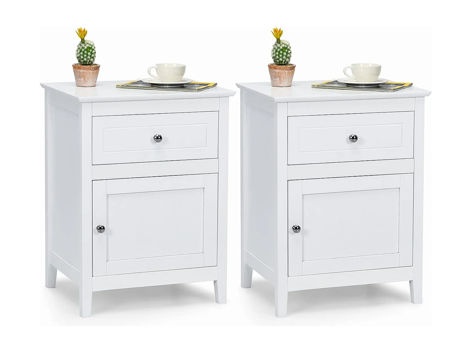 Lot de 2 Table de Chevet avec Tiroir, Table de Nuit avec Placard et Pieds en Bois Massif pour Chambre, Salon, Bureau, 48 x 38 x 63,5 cm (Blanc)