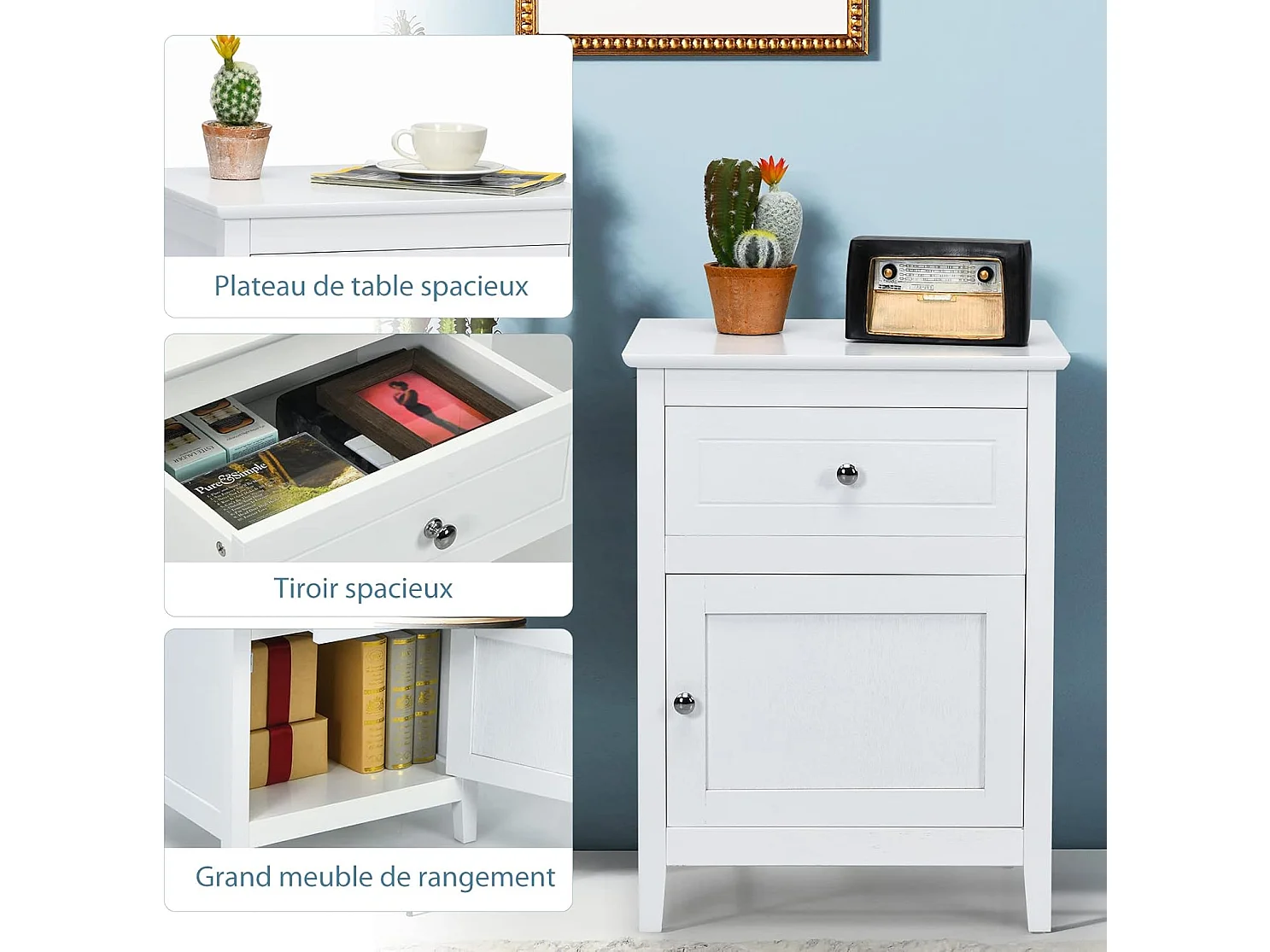 Lot de 2 Table de Chevet avec Tiroir, Table de Nuit avec Placard et Pieds en Bois Massif pour Chambre, Salon, Bureau, 48 x 38 x 63,5 cm (Blanc)