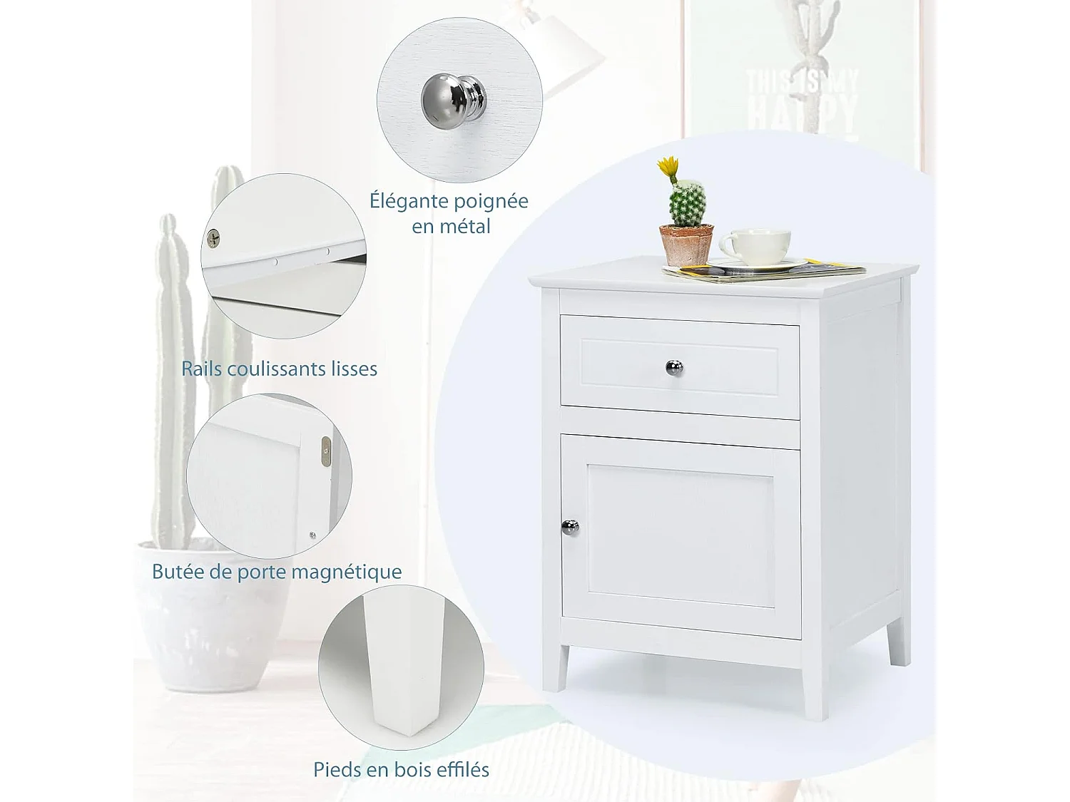 Lot de 2 Table de Chevet avec Tiroir, Table de Nuit avec Placard et Pieds en Bois Massif pour Chambre, Salon, Bureau, 48 x 38 x 63,5 cm (Blanc)