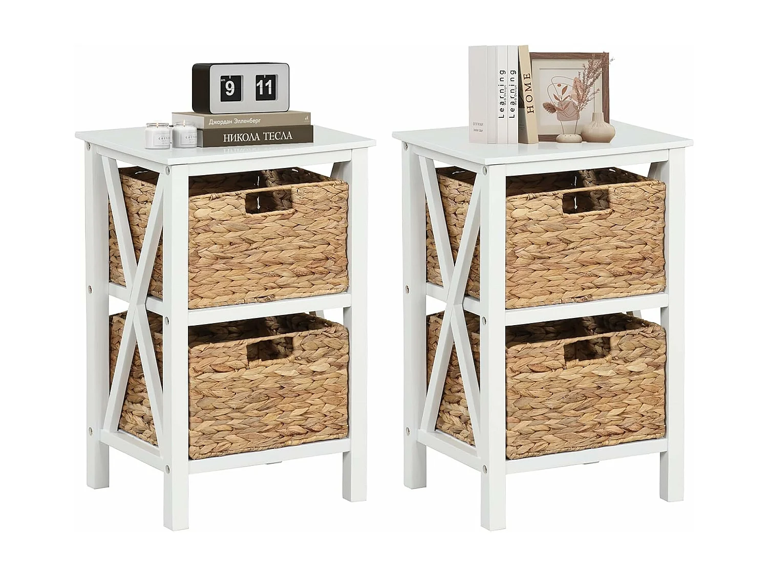 Table de Chevet 3 Niveaux （Lot de 2）, Table de Nuit avec 2 Paniers en Herbe Marine, Design X, Table d'Appoint avec Pieds en Bois d'Acacia pour Chambre, Salon, 36 x 30 x 57 cm