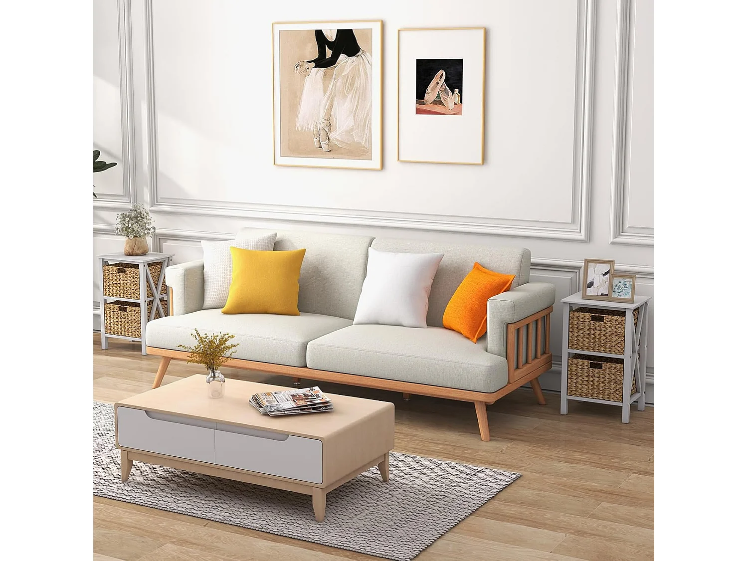 Table de Chevet 3 Niveaux （Lot de 2）, Table de Nuit avec 2 Paniers en Herbe Marine, Design X, Table d'Appoint avec Pieds en Bois d'Acacia pour Chambre, Salon, 36 x 30 x 57 cm