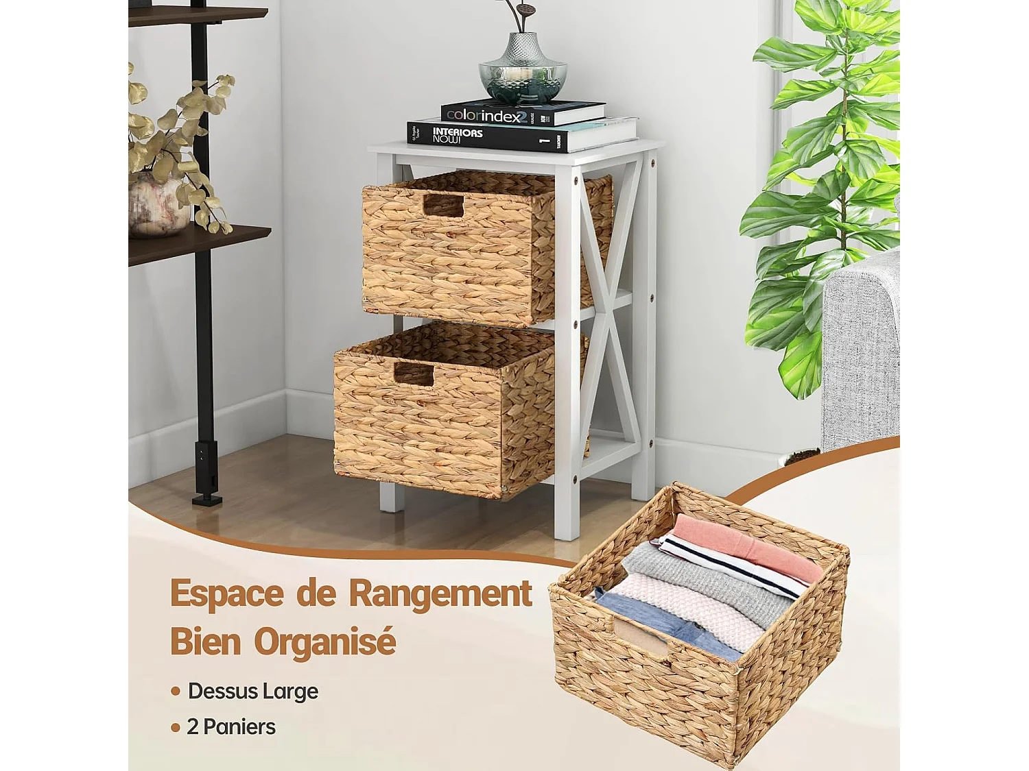 Table de Chevet 3 Niveaux （Lot de 2）, Table de Nuit avec 2 Paniers en Herbe Marine, Design X, Table d'Appoint avec Pieds en Bois d'Acacia pour Chambre, Salon, 36 x 30 x 57 cm