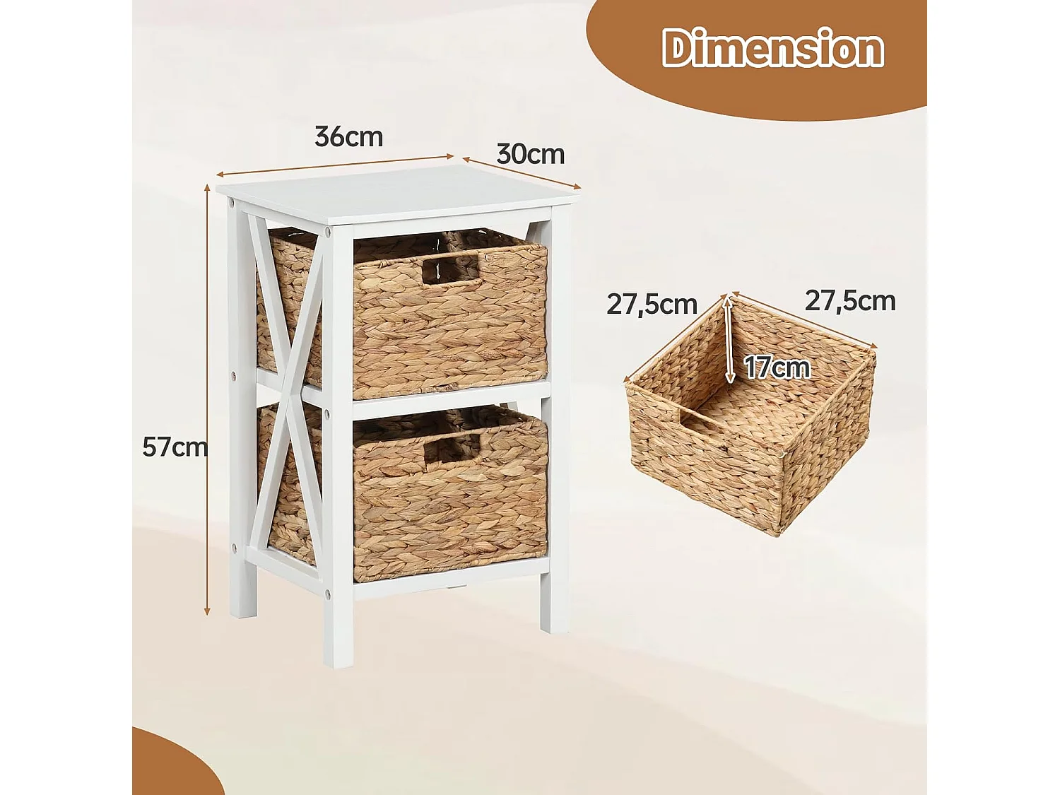 Table de Chevet 3 Niveaux （Lot de 2）, Table de Nuit avec 2 Paniers en Herbe Marine, Design X, Table d'Appoint avec Pieds en Bois d'Acacia pour Chambre, Salon, 36 x 30 x 57 cm
