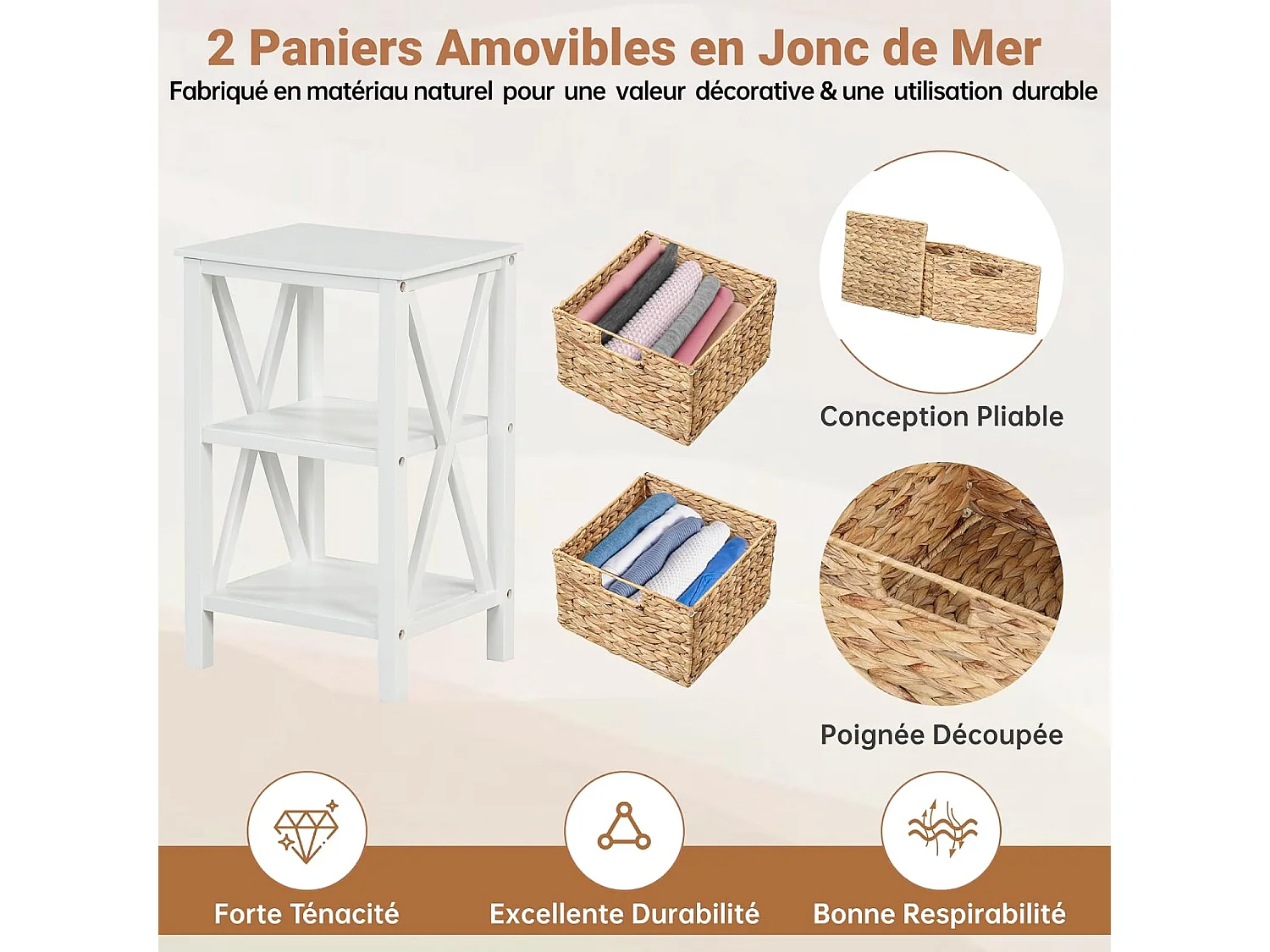 Table de Chevet 3 Niveaux （Lot de 2）, Table de Nuit avec 2 Paniers en Herbe Marine, Design X, Table d'Appoint avec Pieds en Bois d'Acacia pour Chambre, Salon, 36 x 30 x 57 cm