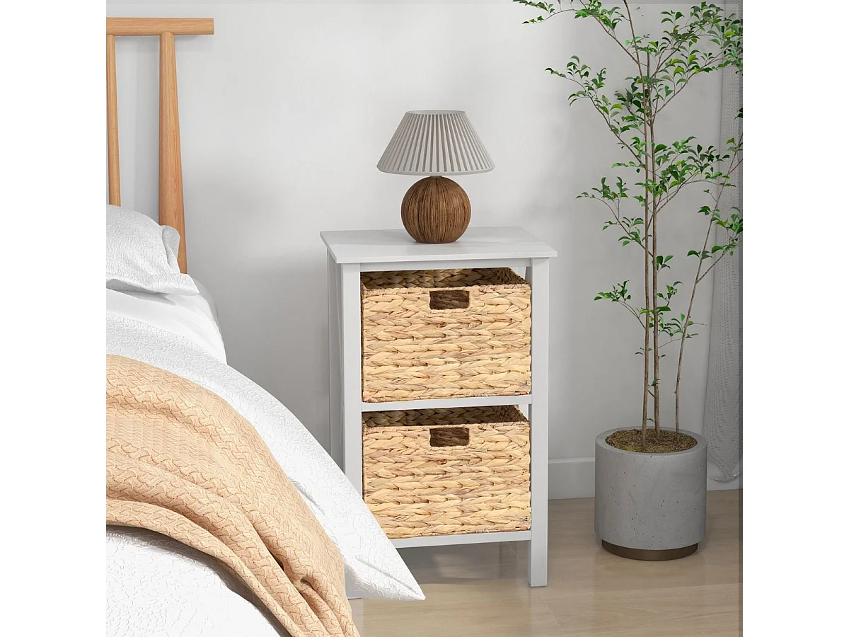 Table de Chevet 3 Niveaux （Lot de 2）, Table de Nuit avec 2 Paniers en Herbe Marine, Design X, Table d'Appoint avec Pieds en Bois d'Acacia pour Chambre, Salon, 36 x 30 x 57 cm