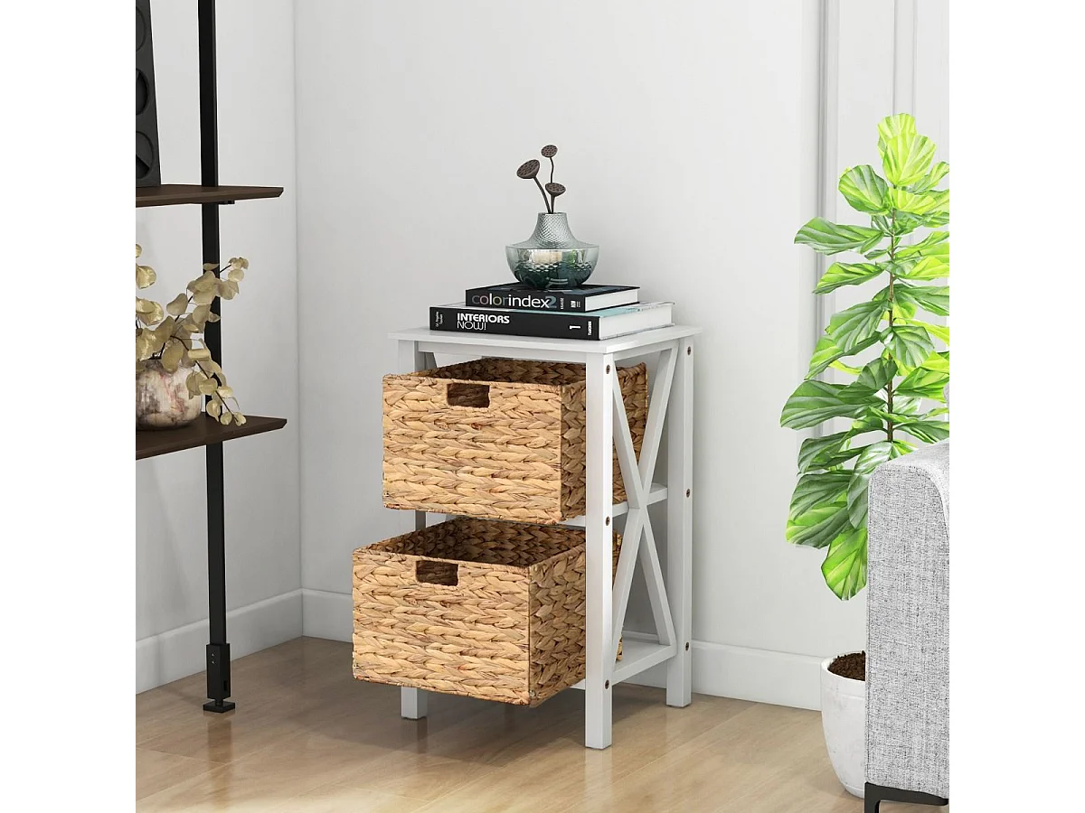 Table de Chevet 3 Niveaux （Lot de 2）, Table de Nuit avec 2 Paniers en Herbe Marine, Design X, Table d'Appoint avec Pieds en Bois d'Acacia pour Chambre, Salon, 36 x 30 x 57 cm