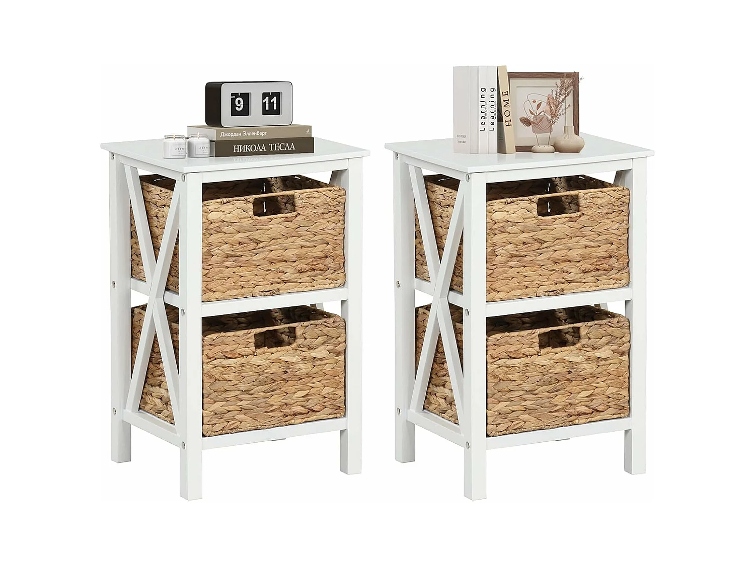 Table de Chevet 3 Niveaux （Lot de 2）, Table de Nuit avec 2 Paniers en Herbe Marine, Design X, Table d'Appoint avec Pieds en Bois d'Acacia pour Chambre, Salon, 36 x 30 x 57 cm
