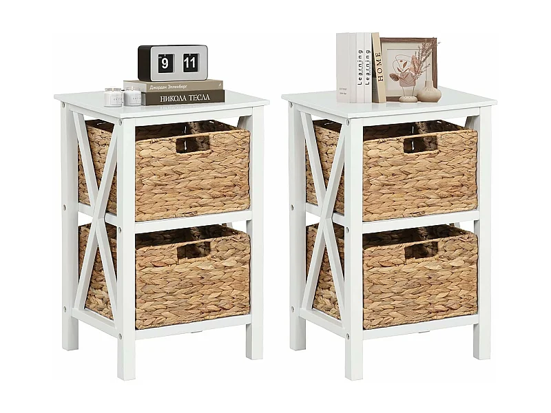 Table de Chevet 3 Niveaux （Lot de 2）, Table de Nuit avec 2 Paniers en Herbe Marine, Design X, Table d'Appoint avec Pieds en Bois d'Acacia pour Chambre, Salon, 36 x 30 x 57 cm