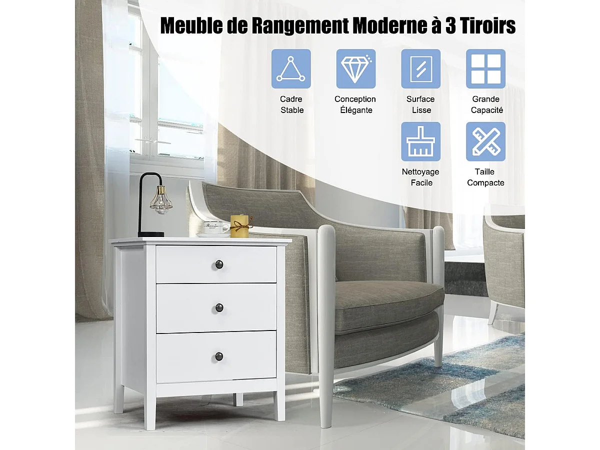 Table de Chevet à 3 Tiroirs, 60 cm x 45 cm x 66 cm, Table de Nuit avec Grand Espace Blanc
