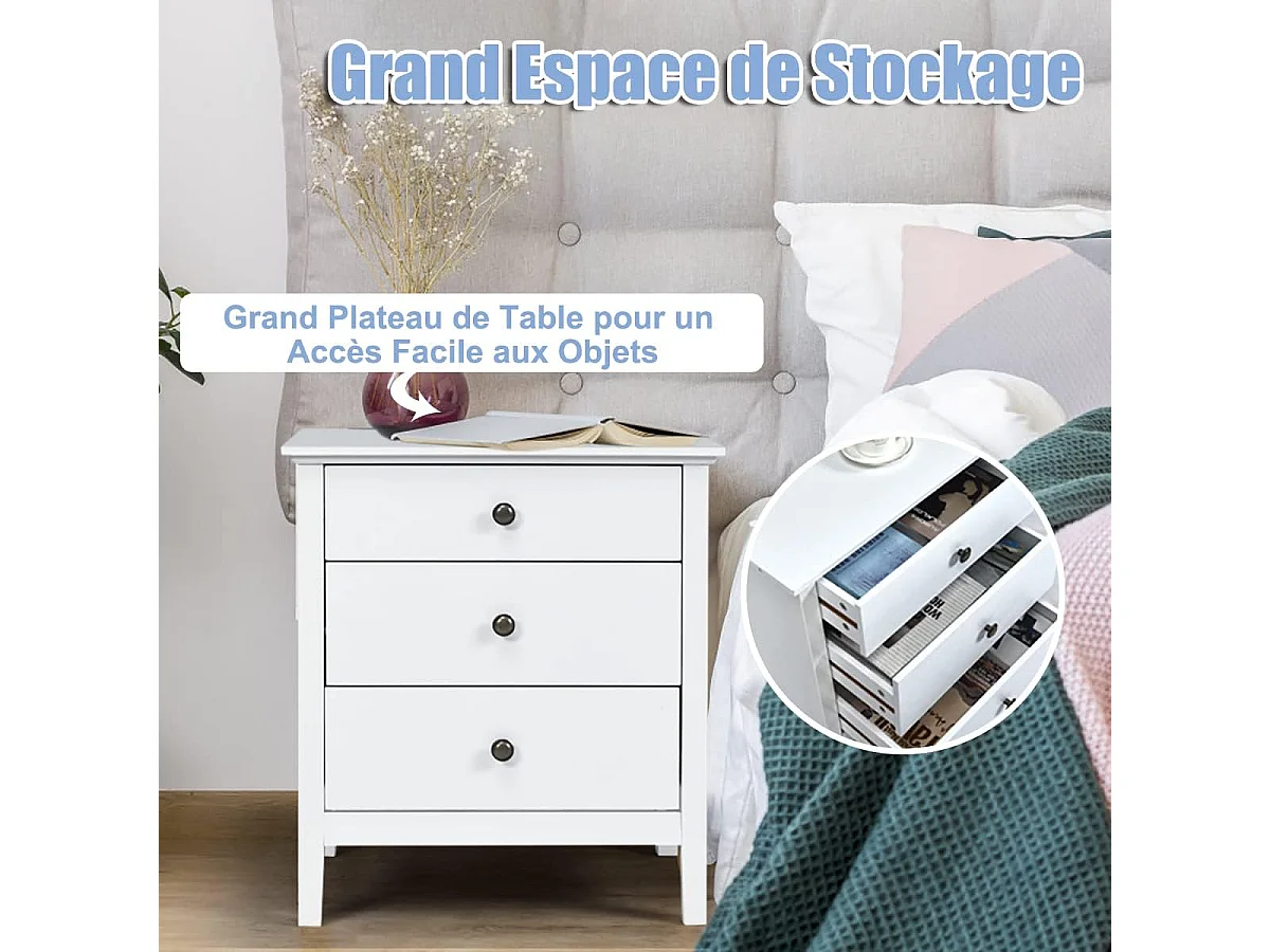 Table de Chevet à 3 Tiroirs, 60 cm x 45 cm x 66 cm, Table de Nuit avec Grand Espace Blanc