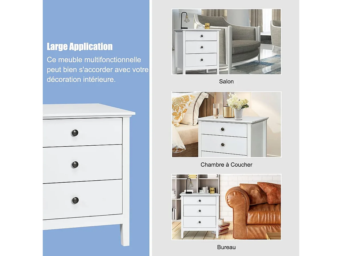 Table de Chevet à 3 Tiroirs, 60 cm x 45 cm x 66 cm, Table de Nuit avec Grand Espace Blanc