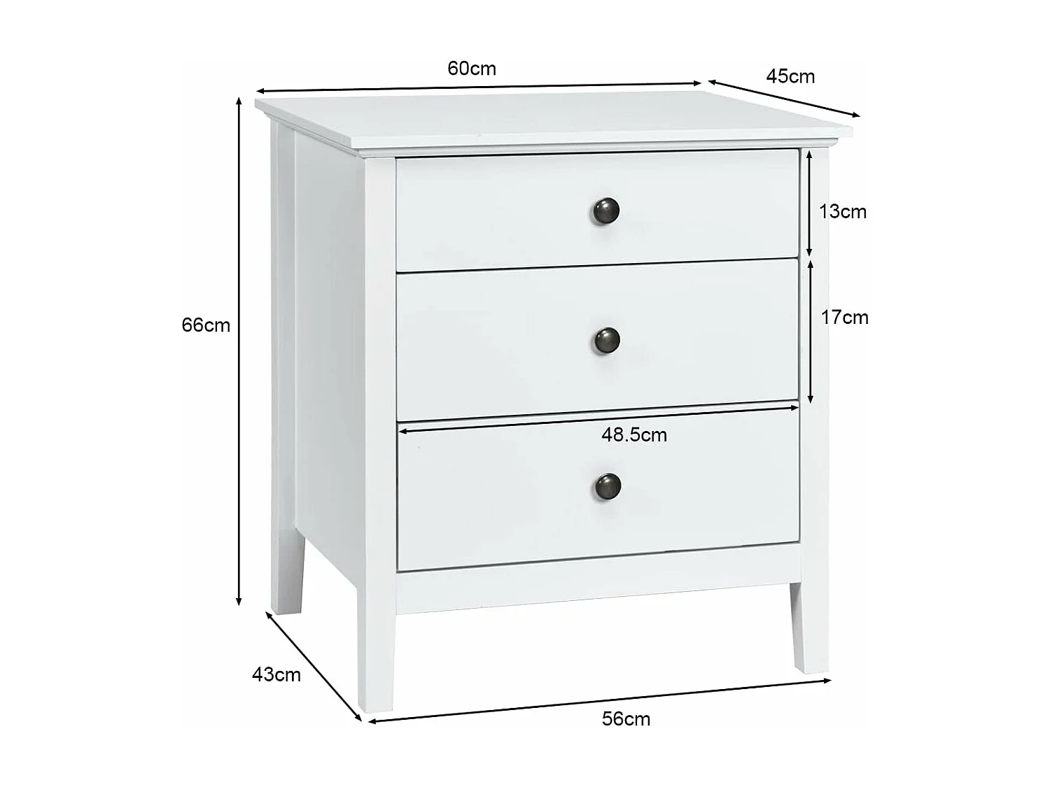 Table de Chevet à 3 Tiroirs, 60 cm x 45 cm x 66 cm, Table de Nuit avec Grand Espace Blanc