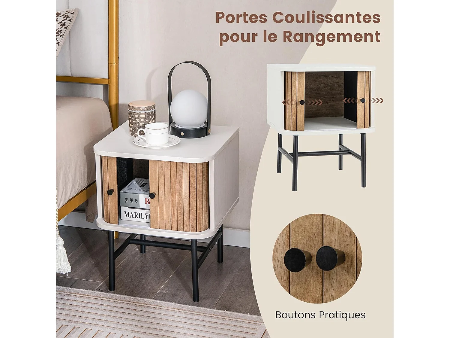 Table de Chevet, Bout de Canapé avec Portes Coulissantes, Pieds en Métal, Design Latte Milieu du Siècle, Poignée Ronde, 40 x 39 x 49 cm, Noir/Blanc (Blanc)