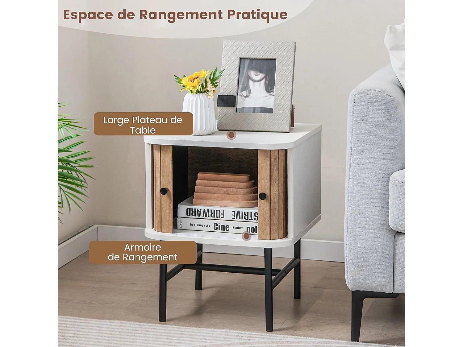 Table de Chevet, Bout de Canapé avec Portes Coulissantes, Pieds en Métal, Design Latte Milieu du Siècle, Poignée Ronde, 40 x 39 x 49 cm, Noir/Blanc (Blanc)