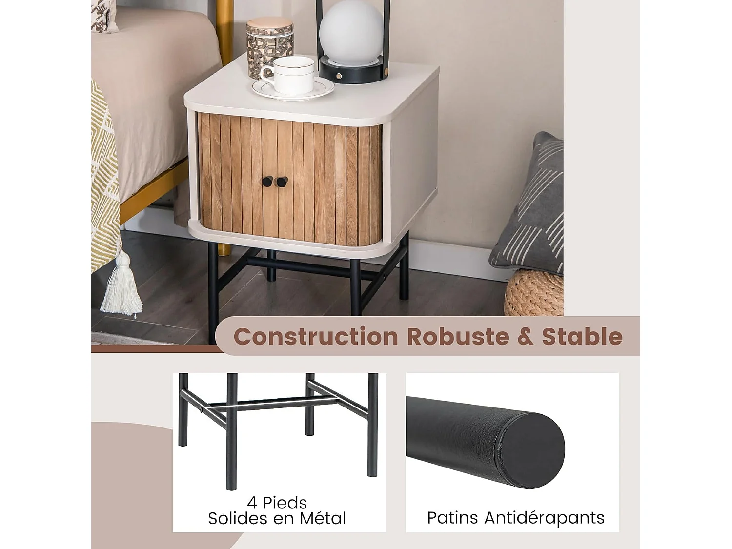 Table de Chevet, Bout de Canapé avec Portes Coulissantes, Pieds en Métal, Design Latte Milieu du Siècle, Poignée Ronde, 40 x 39 x 49 cm, Noir/Blanc (Blanc)