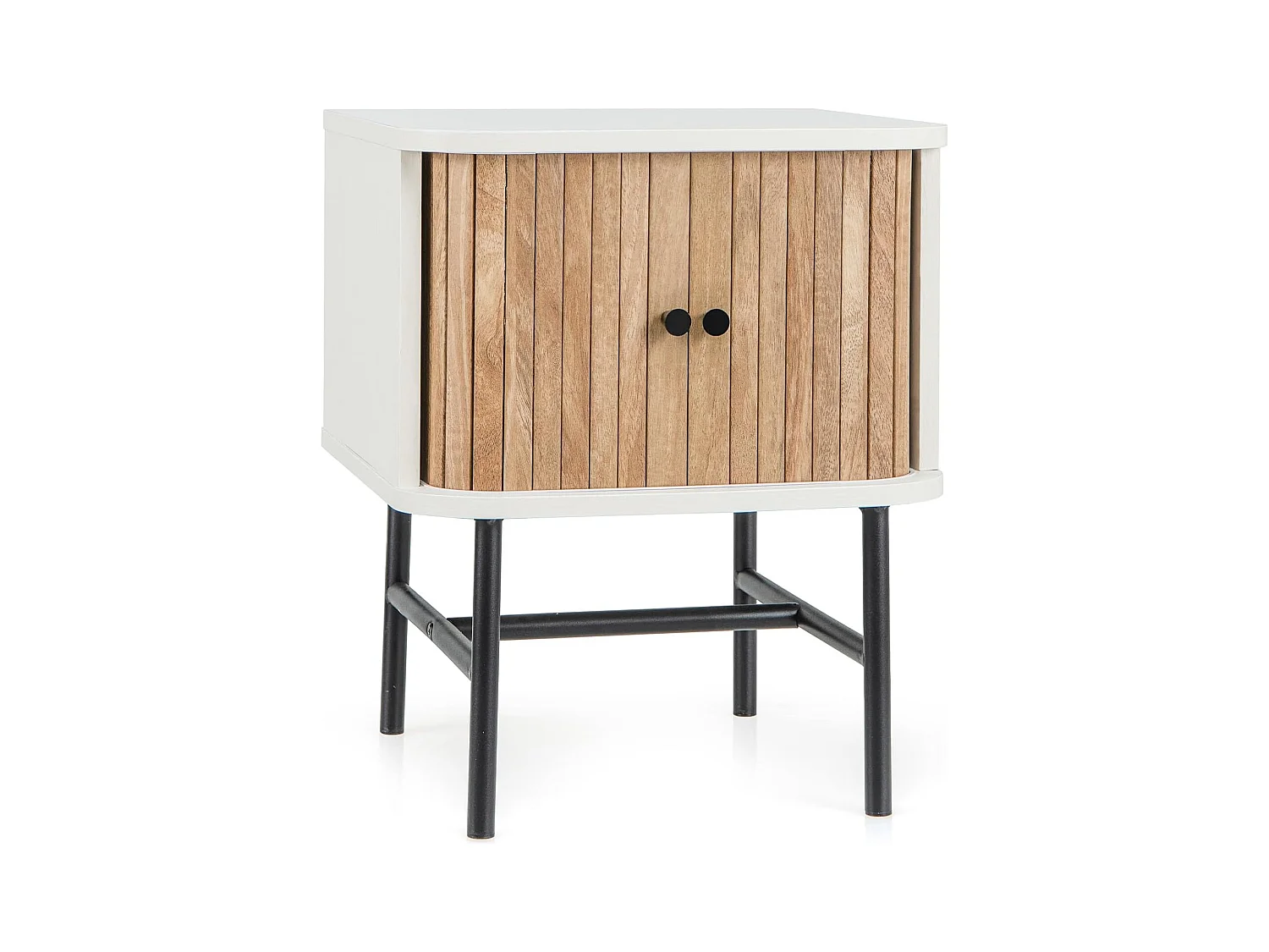 Table de Chevet, Bout de Canapé avec Portes Coulissantes, Pieds en Métal, Design Latte Milieu du Siècle, Poignée Ronde, 40 x 39 x 49 cm, Noir/Blanc (Blanc)