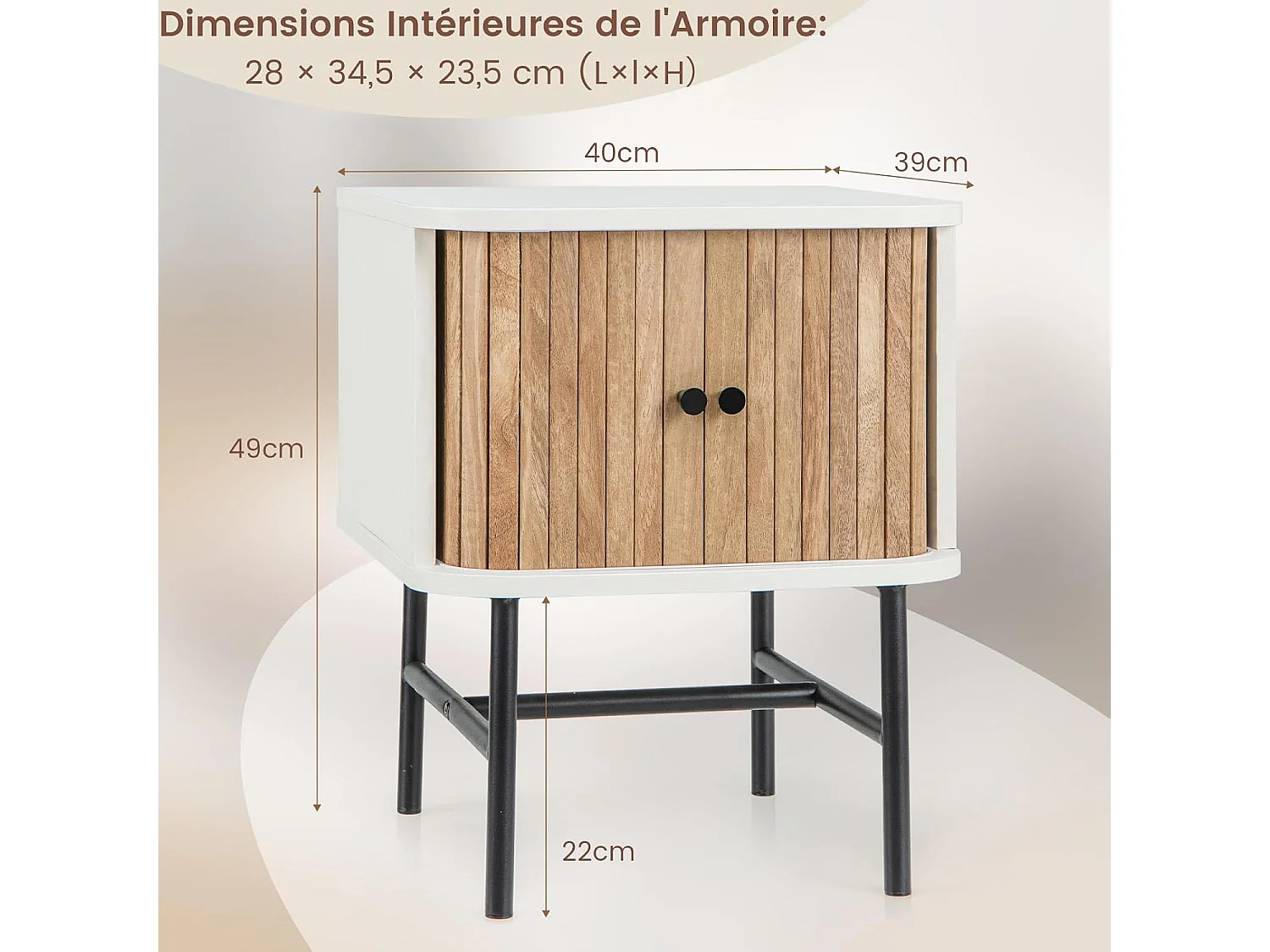 Table de Chevet, Bout de Canapé avec Portes Coulissantes, Pieds en Métal, Design Latte Milieu du Siècle, Poignée Ronde, 40 x 39 x 49 cm, Noir/Blanc (Blanc)