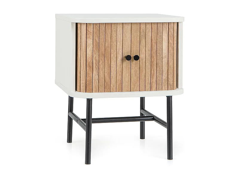 Table de Chevet, Bout de Canapé avec Portes Coulissantes, Pieds en Métal, Design Latte Milieu du Siècle, Poignée Ronde, 40 x 39 x 49 cm, Noir/Blanc (Blanc)