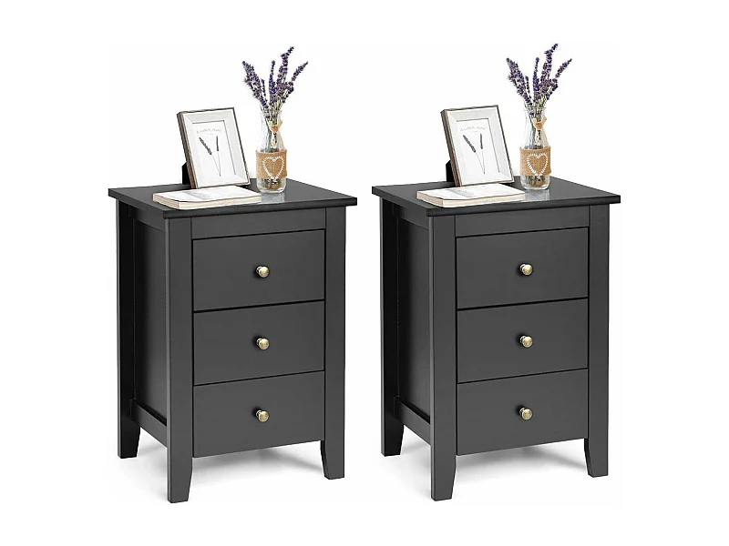 Lot de 2 Tables de Chevet, Table de Nuit avec 3 Tiroirs, Meuble de Rangement pour Chambre à Coucher, Tiroir de Rangement pour Lit, 46 x 37 x 65 cm (Noir x 2)