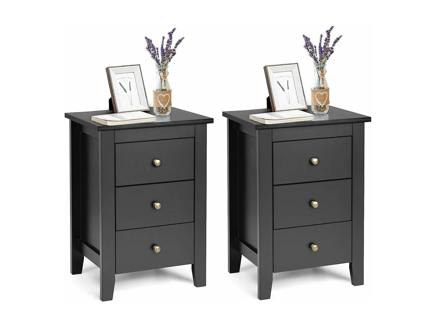 Lot de 2 Tables de Chevet, Table de Nuit avec 3 Tiroirs, Meuble de Rangement pour Chambre à Coucher, Tiroir de Rangement pour Lit, 46 x 37 x 65 cm (Noir x 2)